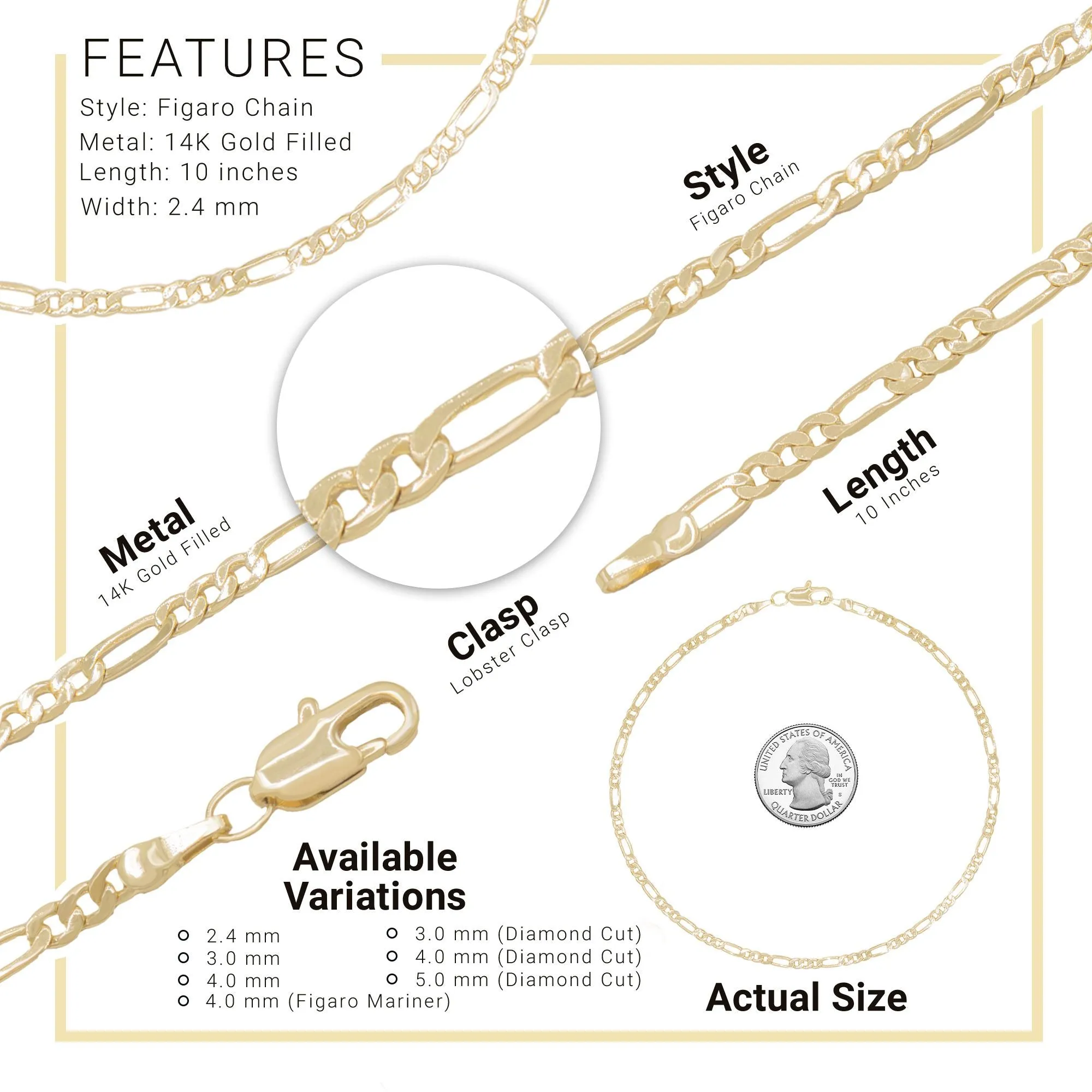 Figaro Chain Anklet 14K Gold Filled Jewelry Women 9.5''