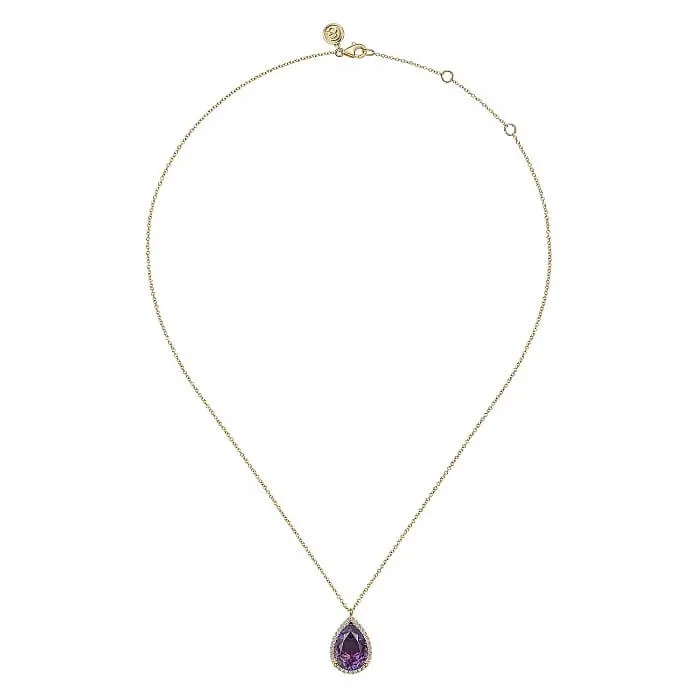 Gabriel 14K Yellow Gold Diamond and Flat Pear Shape Amethyst Necklace With Flower Pattern J-Back NK7460Y45AM