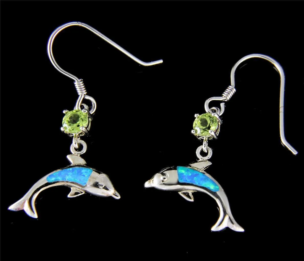 GENUINE PERIDOT SILVER 925 INLAY OPAL HAWAIIAN DOLPHIN HOOK EARRINGS RHODIUM (DJ-45)