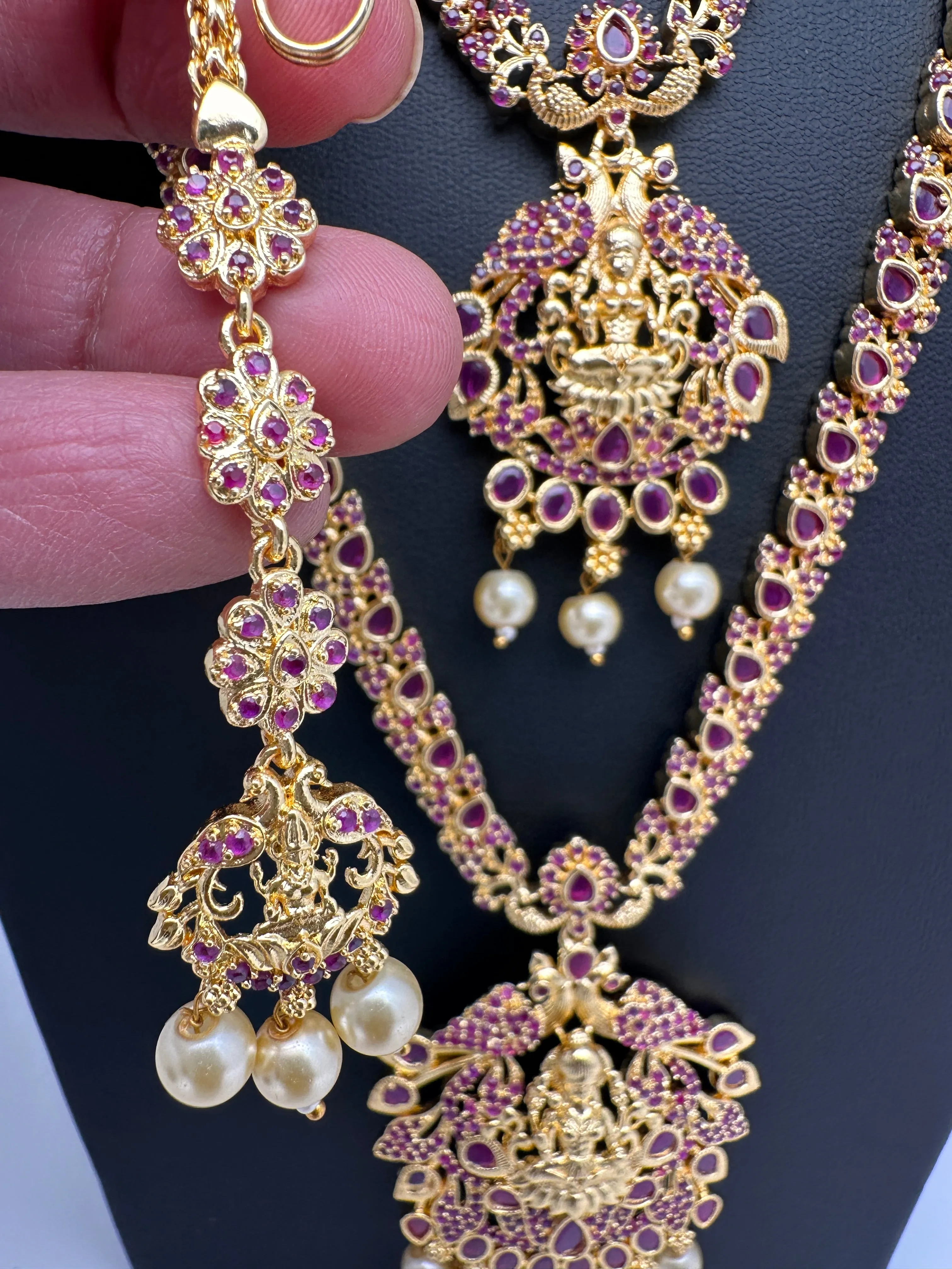 Goddess Lakshmi Red Stone CZ Long Short Combo Necklace Set