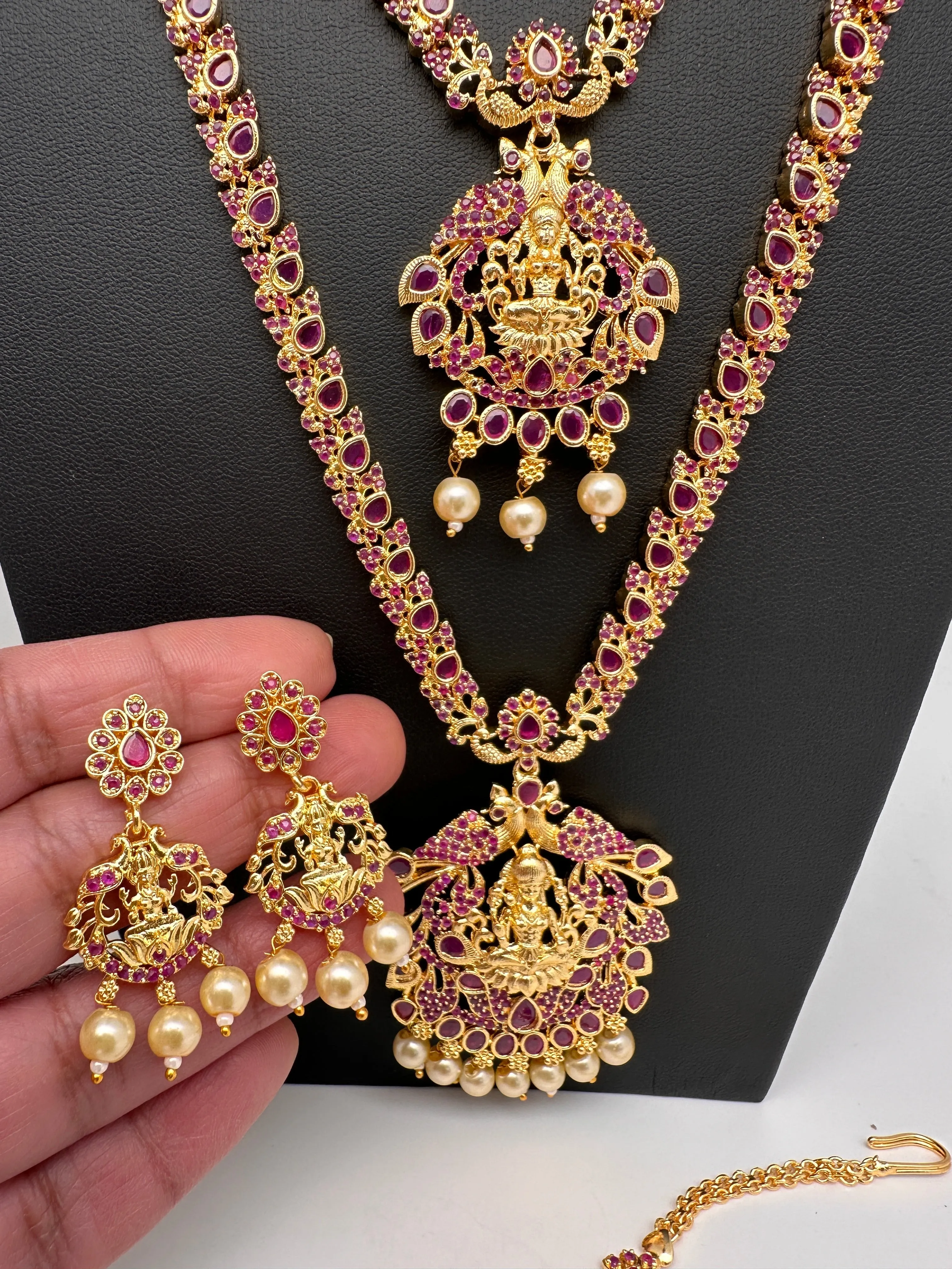 Goddess Lakshmi Red Stone CZ Long Short Combo Necklace Set