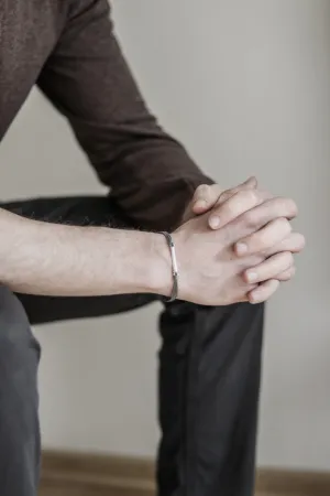 Gray cord bracelet for men with long silver bar, handmade gift for him