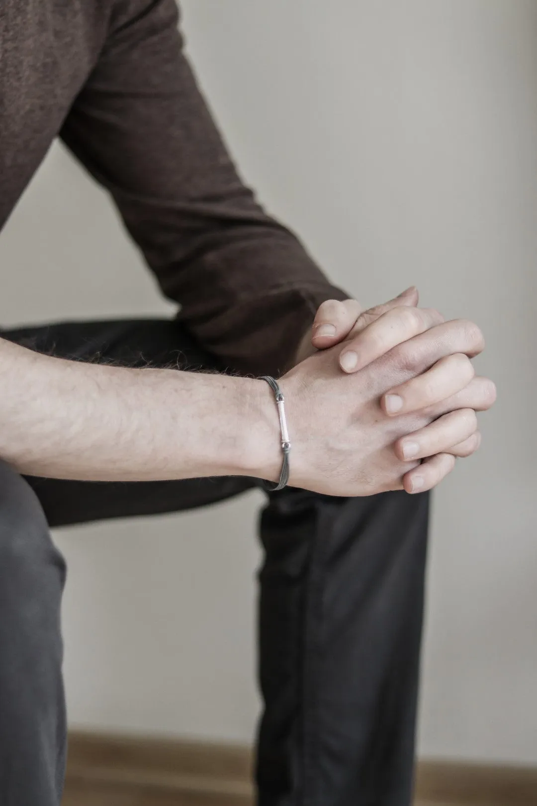 Gray cord bracelet for men with long silver bar, handmade gift for him