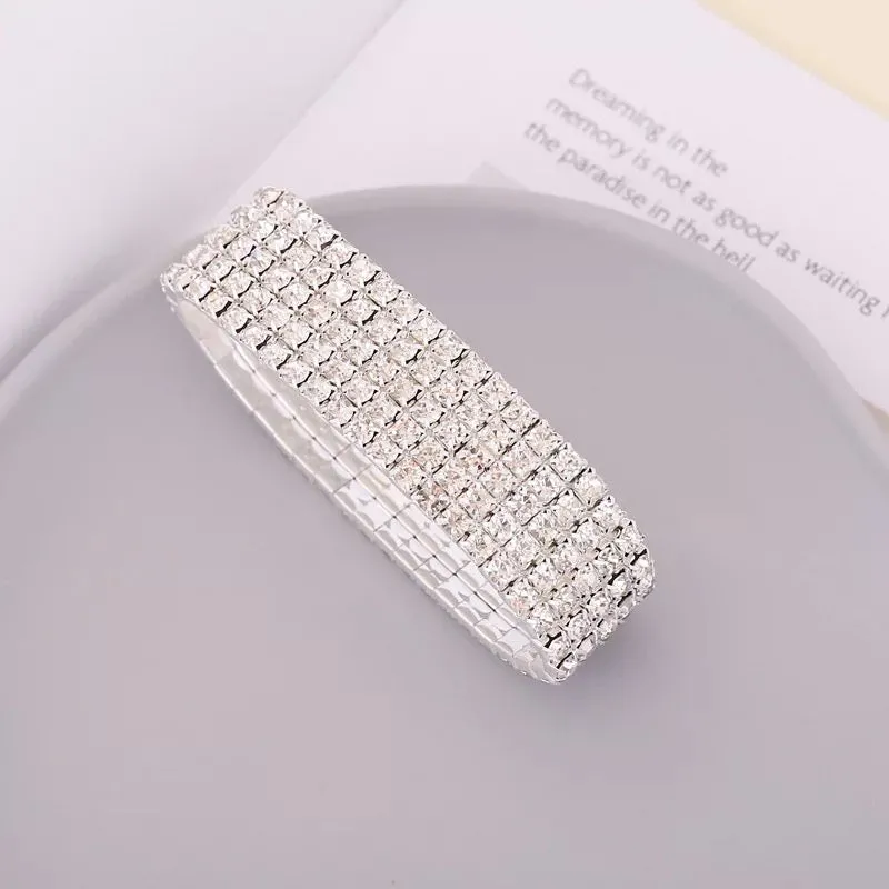 Great Gatsby 1920's Flapper Bridal 5 Row Rhinestone Stretch Bracelet - Silver 5 Row