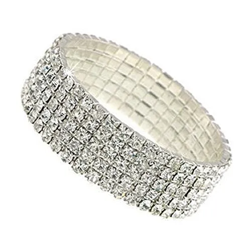 Great Gatsby 1920's Flapper Bridal 5 Row Rhinestone Stretch Bracelet - Silver 5 Row
