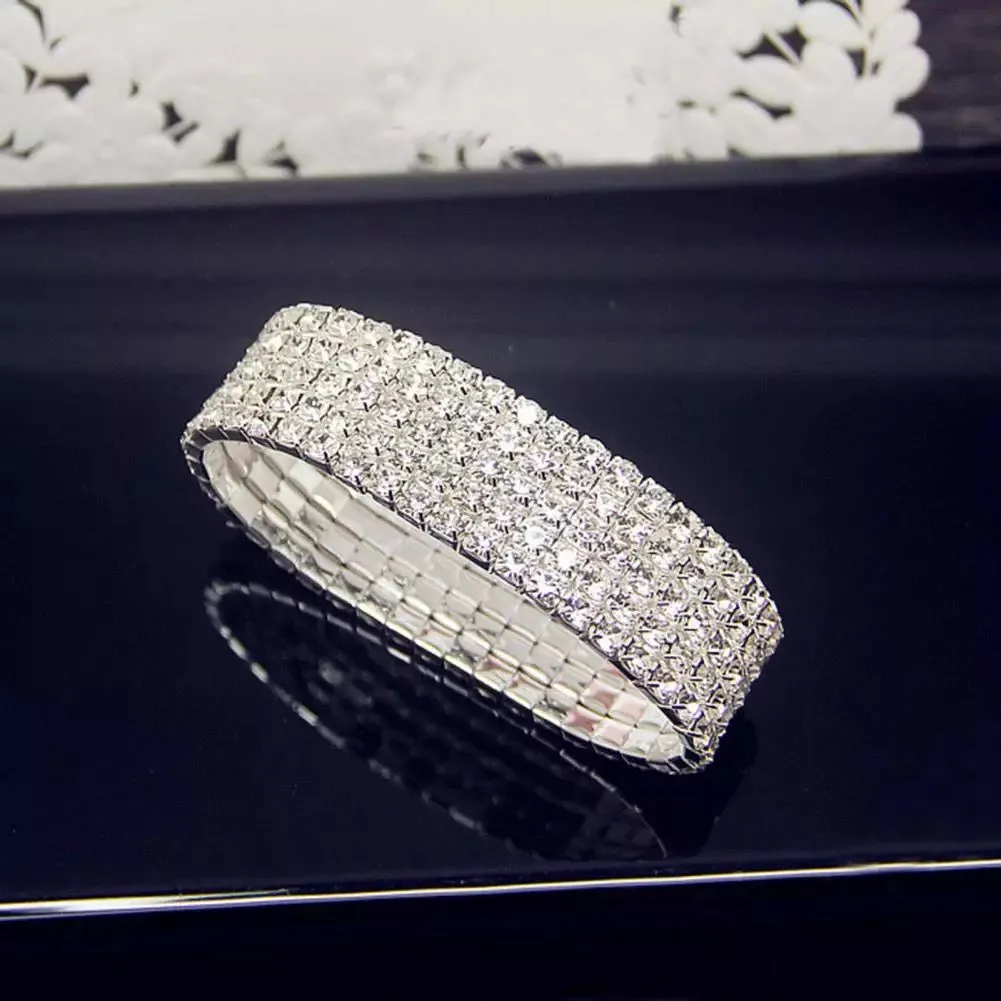 Great Gatsby 1920's Flapper Bridal 5 Row Rhinestone Stretch Bracelet - Silver 5 Row