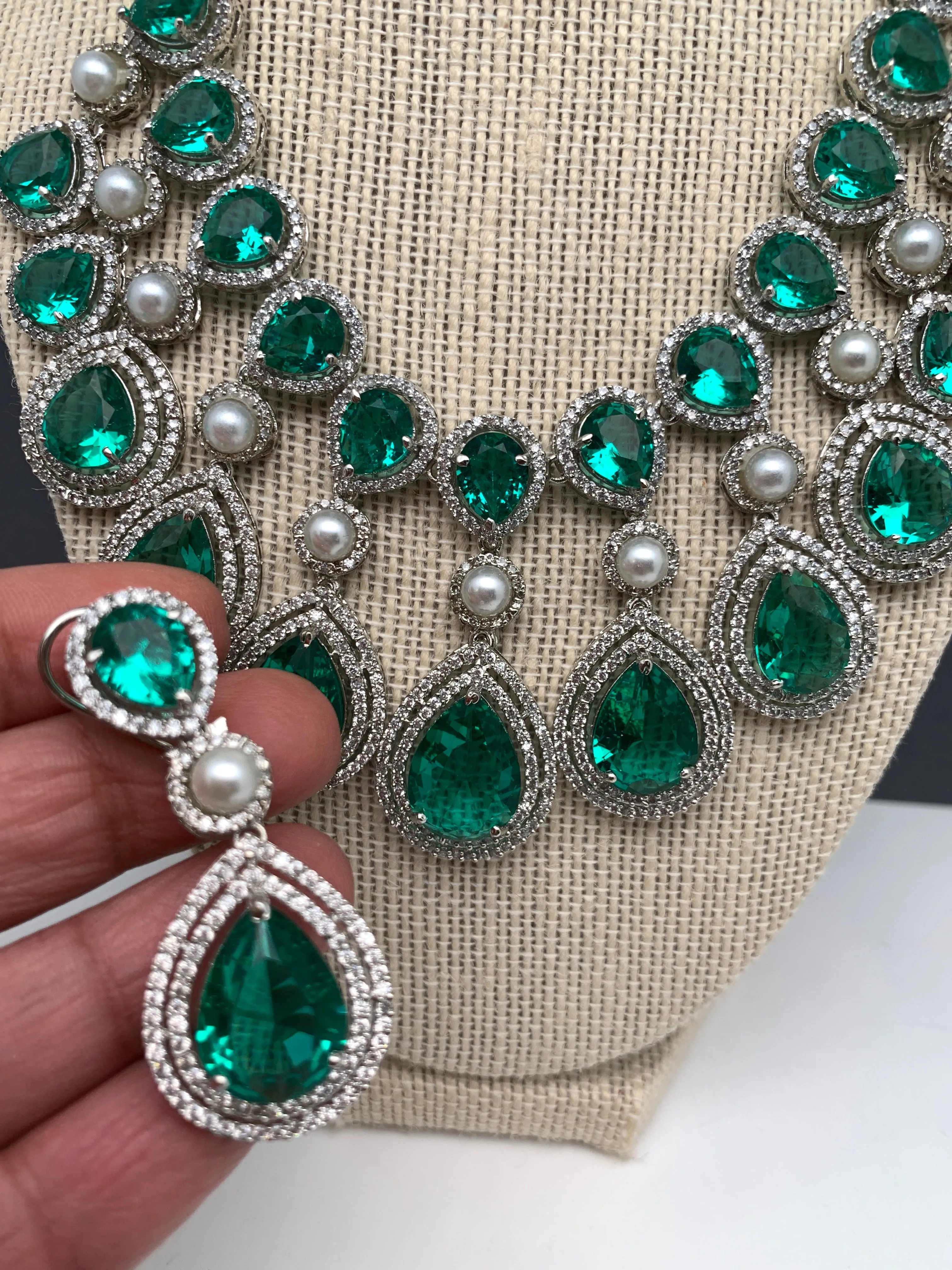 Green Doublet Stone Silver Finish Short Necklace