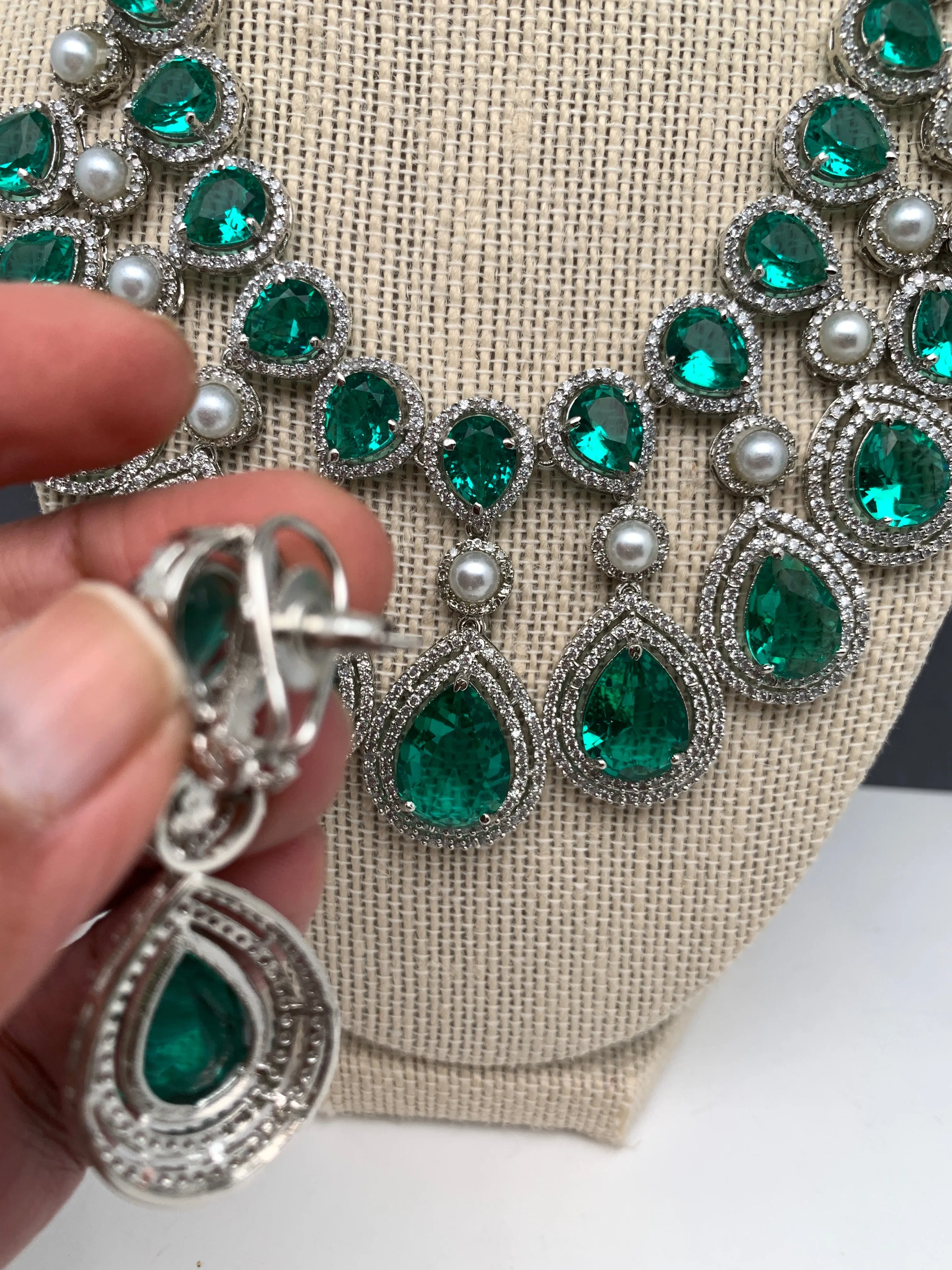 Green Doublet Stone Silver Finish Short Necklace