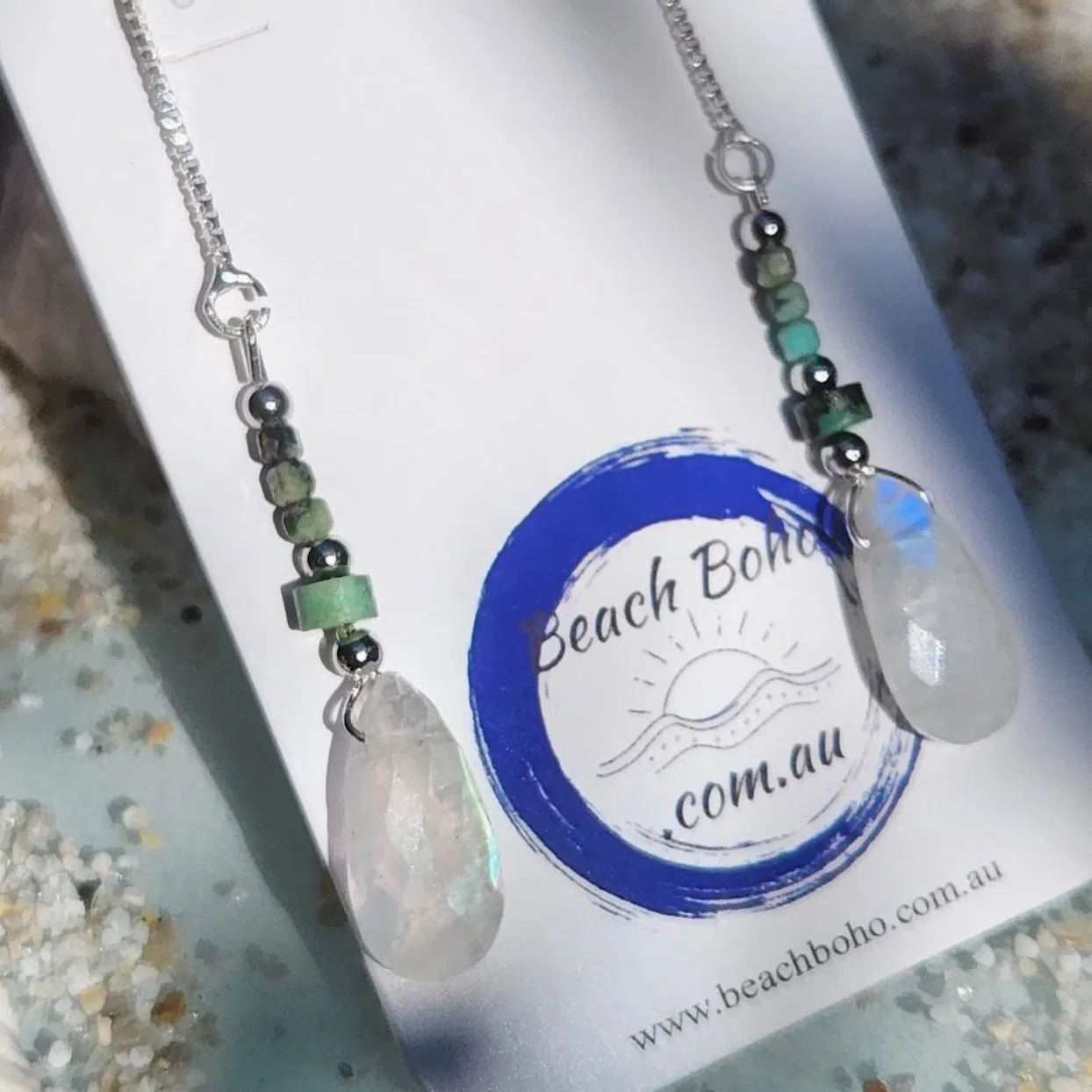 GREEN MOON - 925 STERLING SILVER THREAD TURQUOISE & MOONSTONE EARRINGS