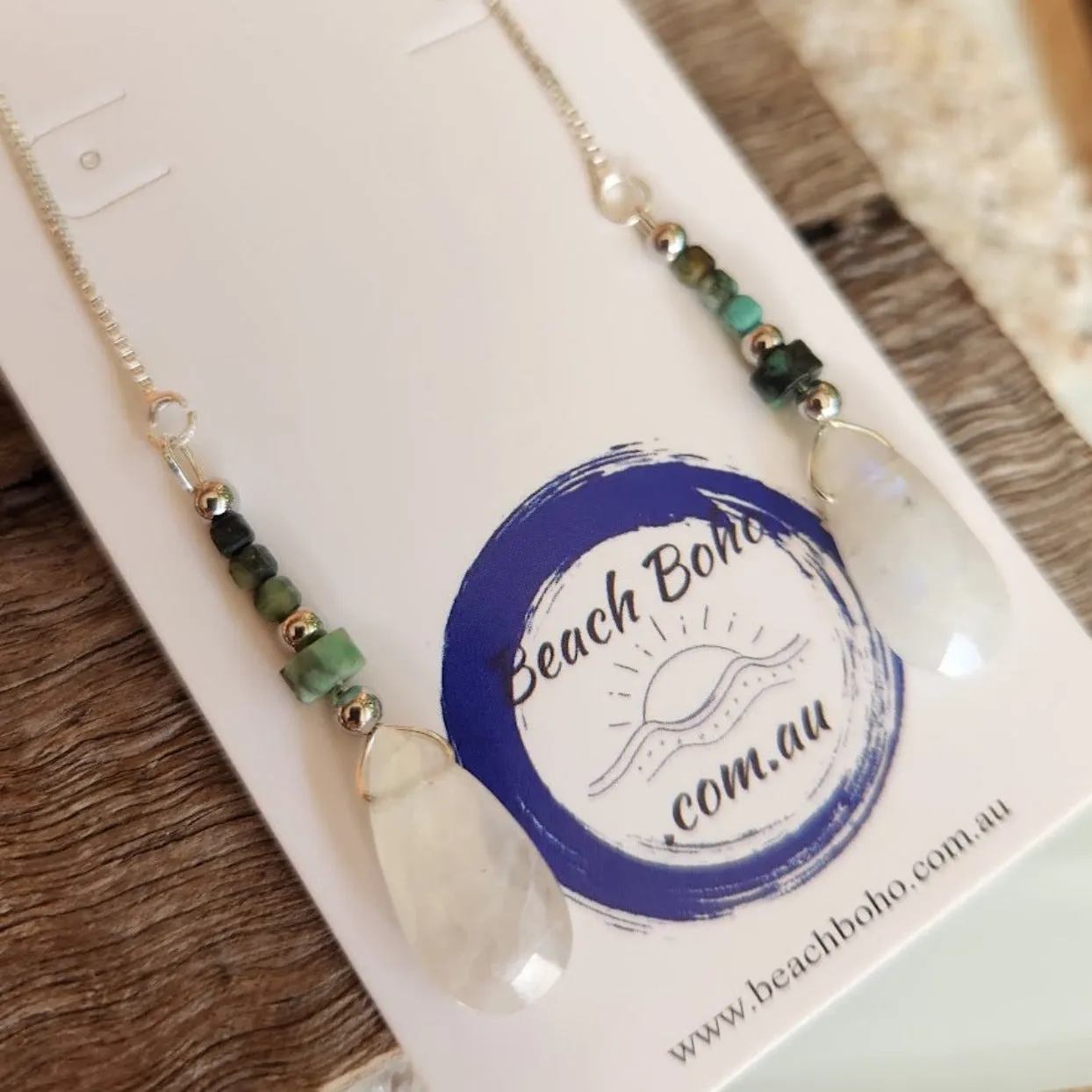 GREEN MOON - 925 STERLING SILVER THREAD TURQUOISE & MOONSTONE EARRINGS