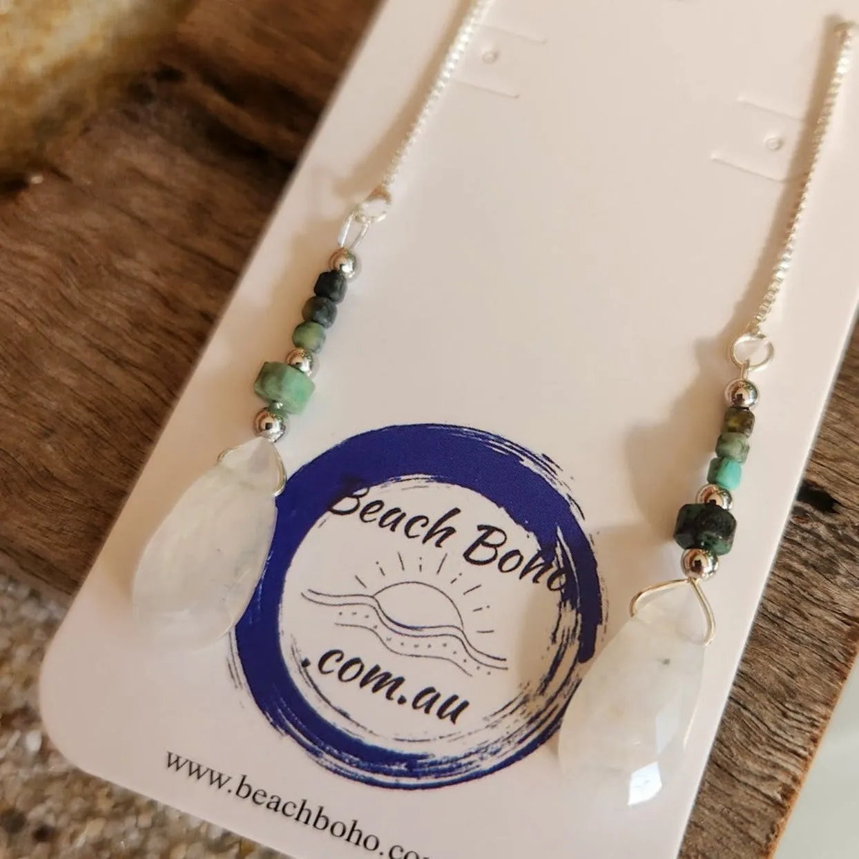 GREEN MOON - 925 STERLING SILVER THREAD TURQUOISE & MOONSTONE EARRINGS
