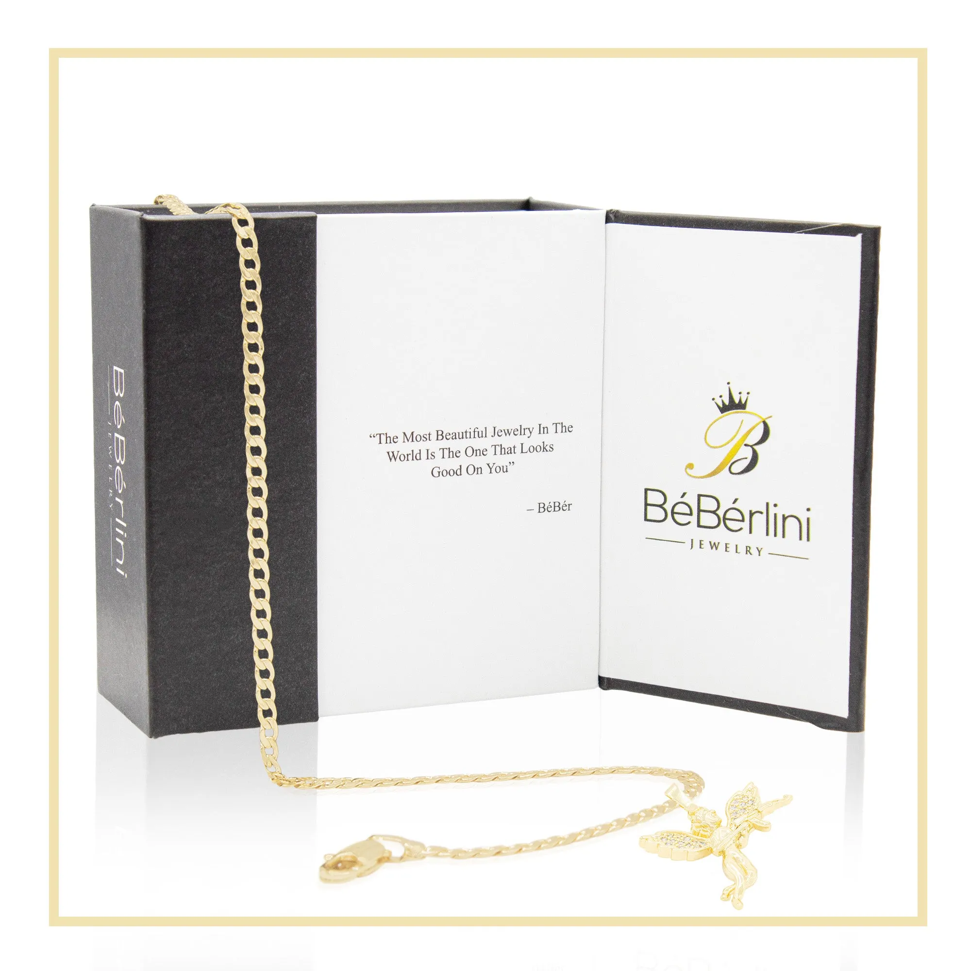 Guardian Angel Pendant 14K Gold Filled Cubic Zirconia Anklet 10" Set 2.5 mmWomen Jewelry