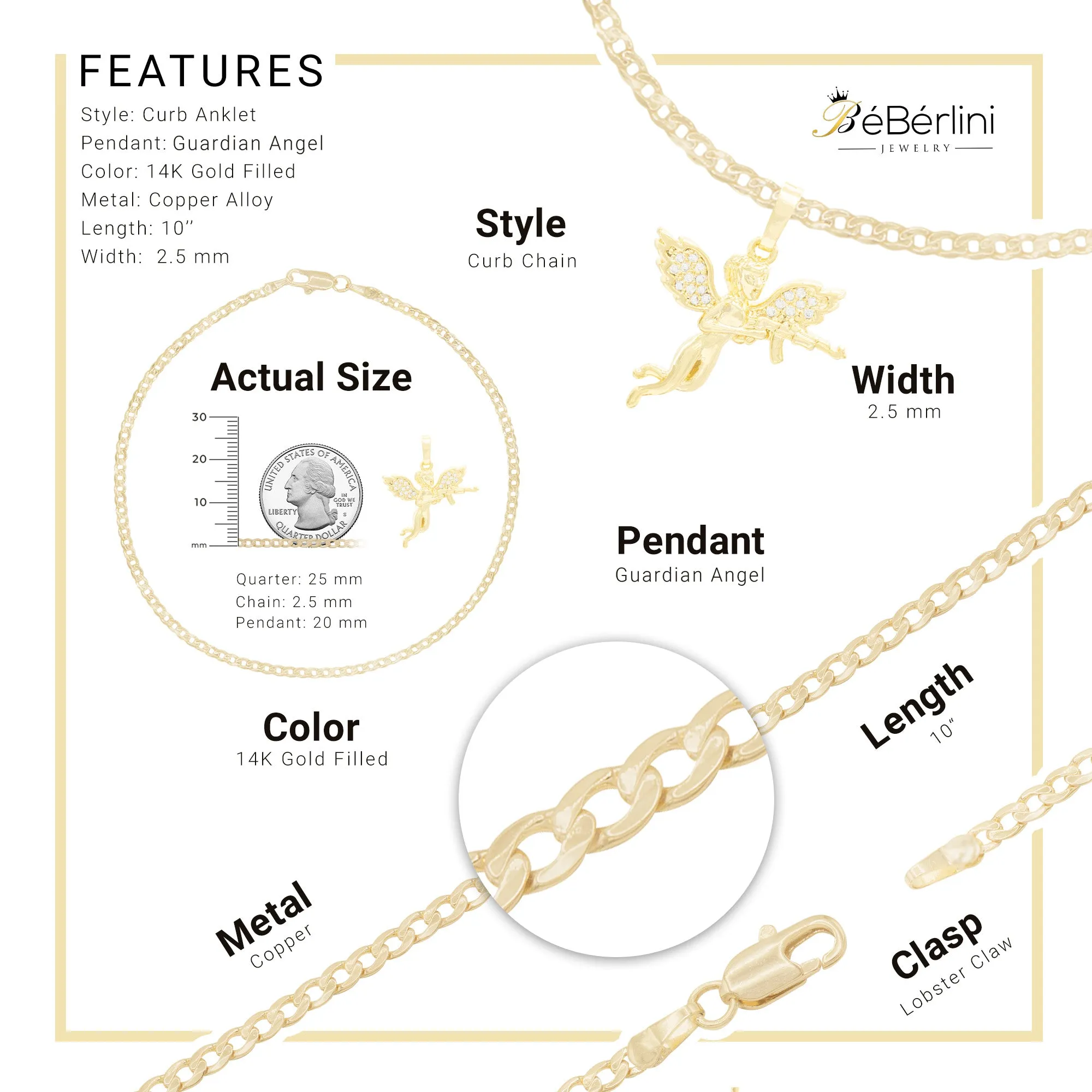 Guardian Angel Pendant 14K Gold Filled Cubic Zirconia Anklet 10" Set 2.5 mmWomen Jewelry
