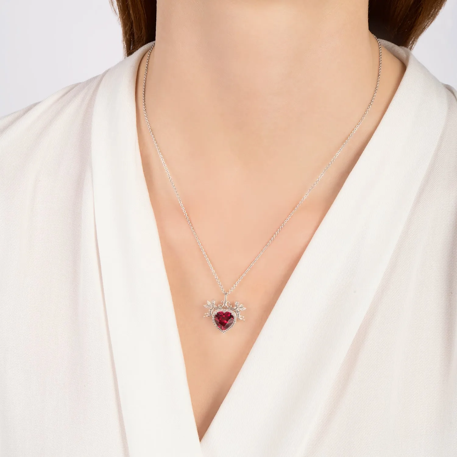 Hallmark Fine Jewelry Cupid’s Love Necklace in Sterling Silver with Diamonds & Created Ruby