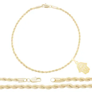 Hamsa Hand of Fatima CZ Pendant 14K Anklet Bracelet Gold Filled Cubic Zirconia Charm Rope Foot Set 10" WomenJewelry