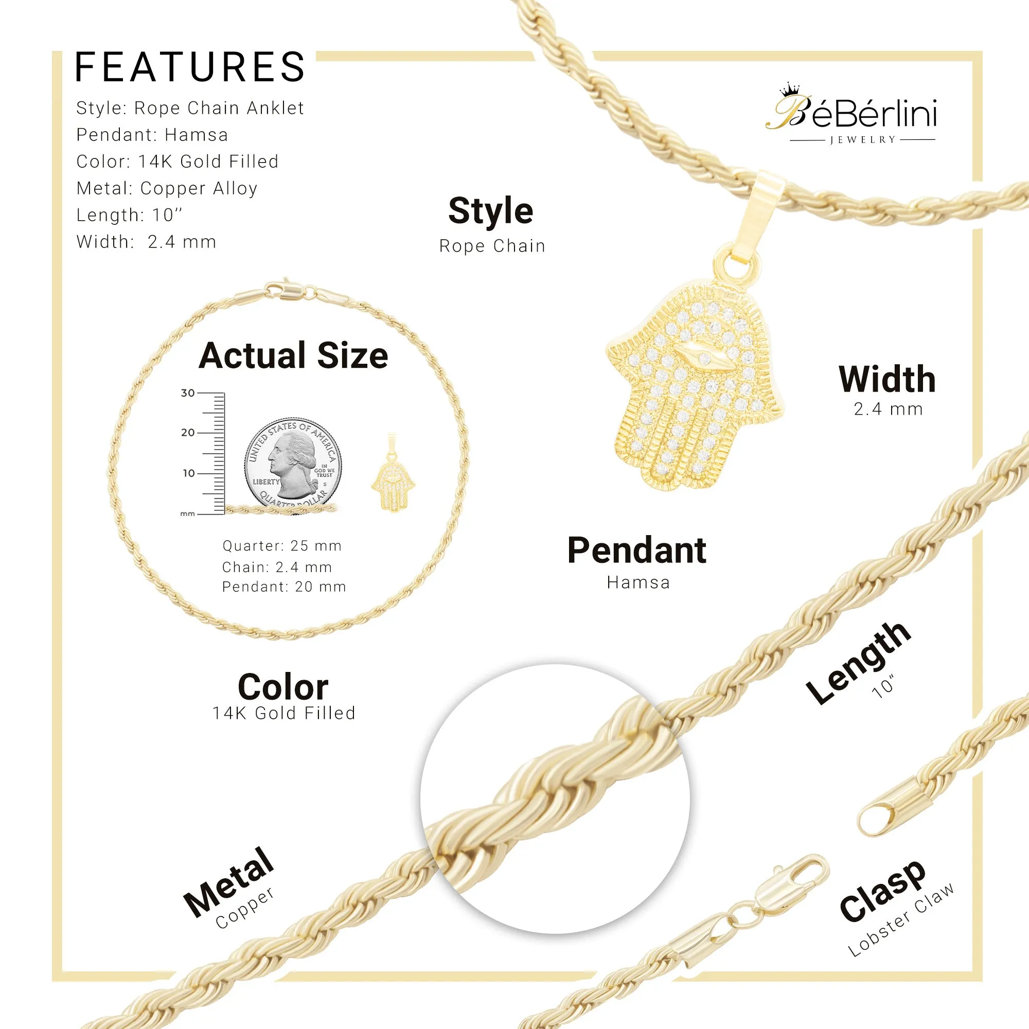 Hamsa Hand of Fatima CZ Pendant 14K Anklet Bracelet Gold Filled Cubic Zirconia Charm Rope Foot Set 10" WomenJewelry