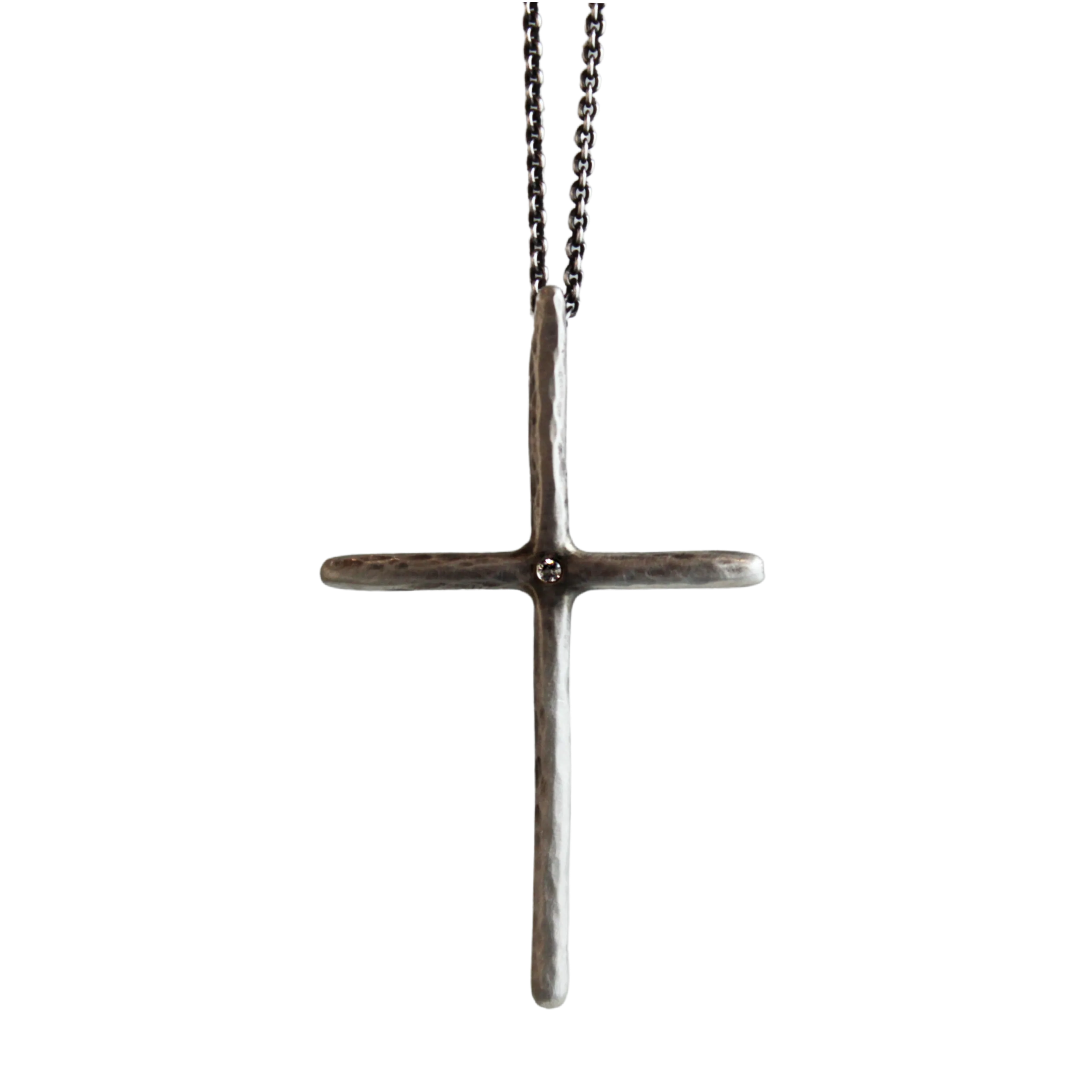 Large Textured Sterling Silver & White Sapphire Cross