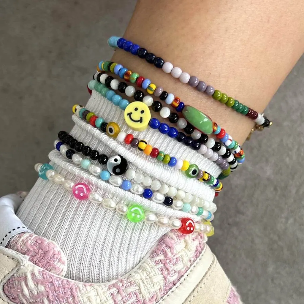 Multicolour Mini Smiley Charm Freshwater Pearl Anklet