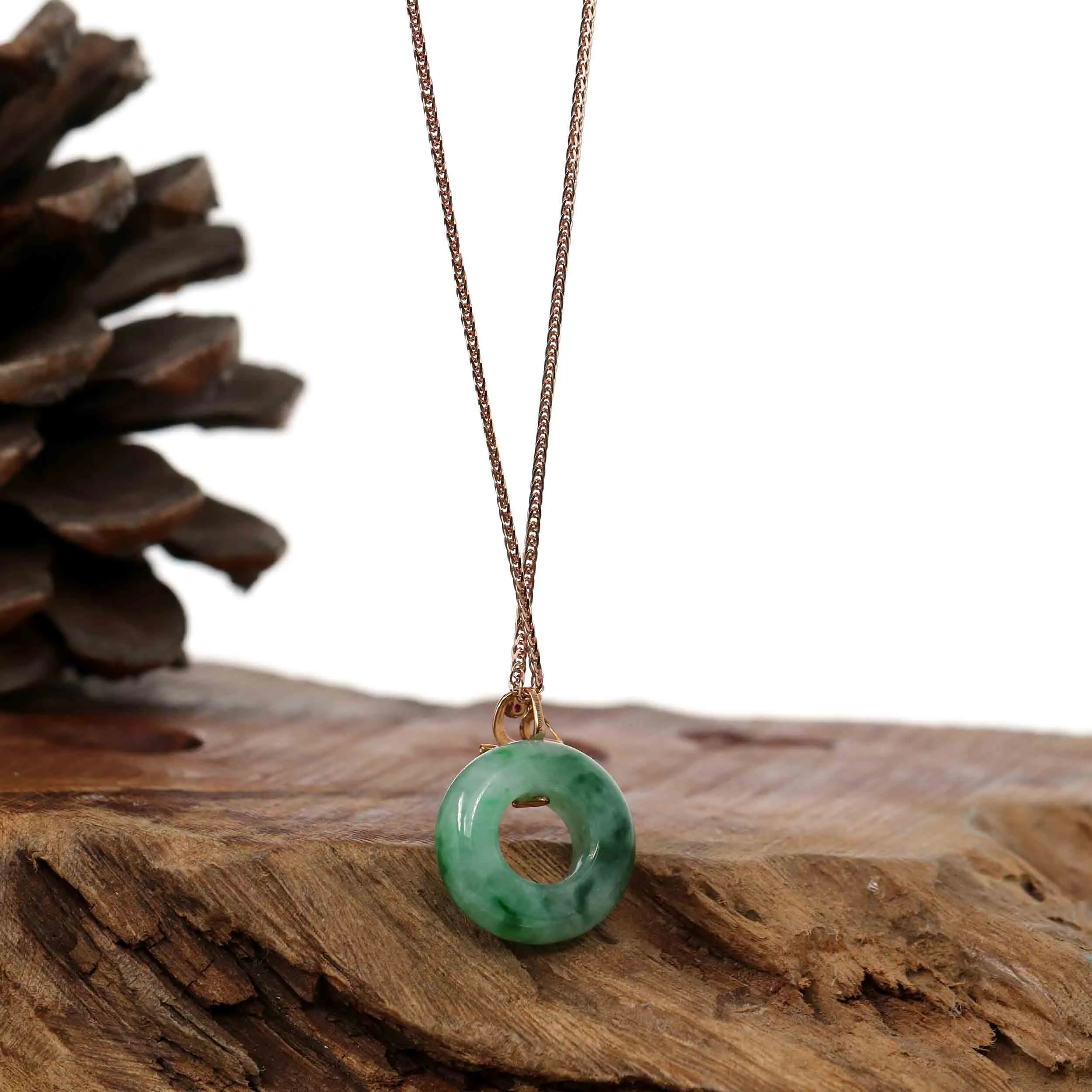 RealJade® Co. "Good Luck Birdie" 18k Rose Gold Genuine Burmese Jadeite Lucky Kou Kou Pendant Necklace With AA Ruby & Diamond