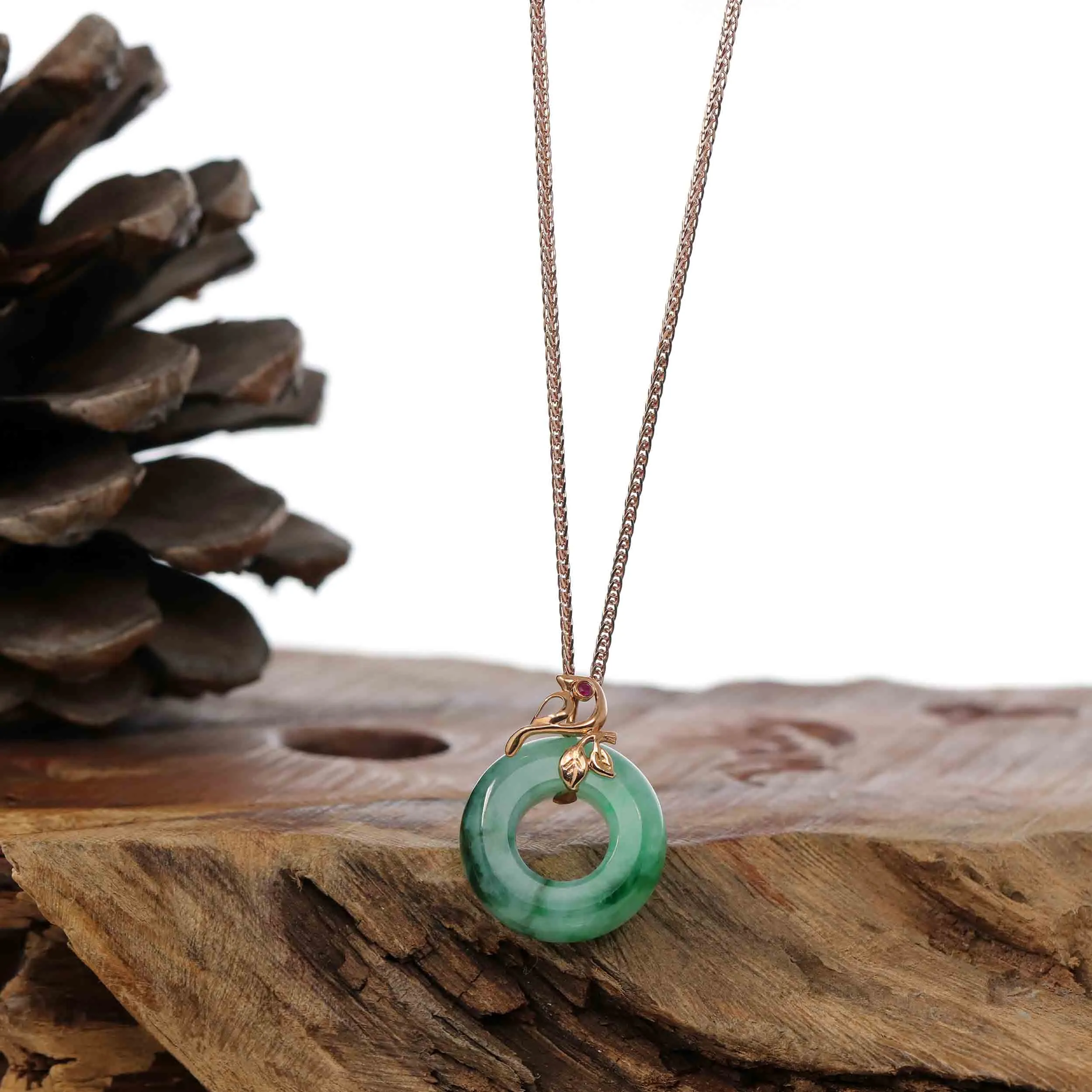 RealJade® Co. "Good Luck Birdie" 18k Rose Gold Genuine Burmese Jadeite Lucky Kou Kou Pendant Necklace With AA Ruby & Diamond