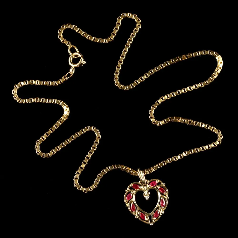 Ruby Diamond Heart Gold Pendant 9Ct Gold Chain