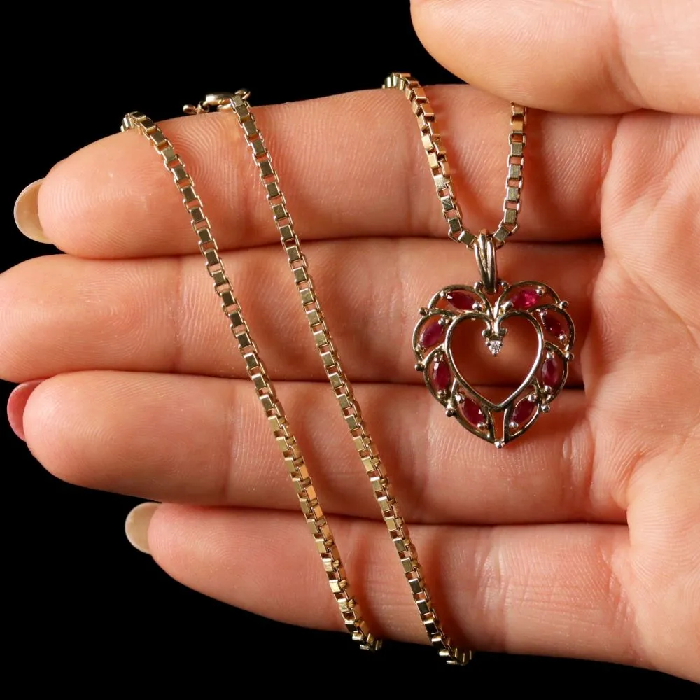 Ruby Diamond Heart Gold Pendant 9Ct Gold Chain