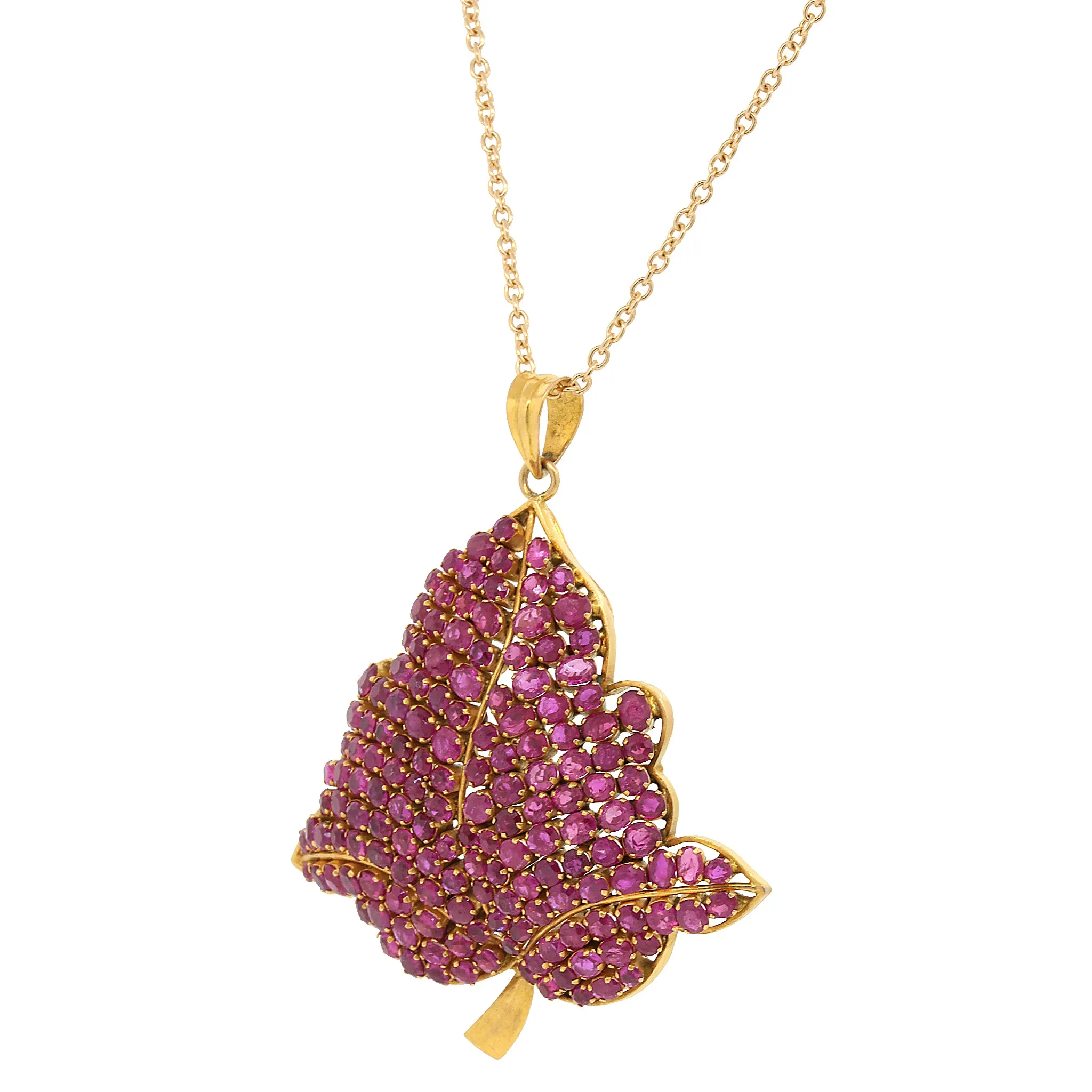 Ruby Leaf Pendant in 14k Yellow Gold