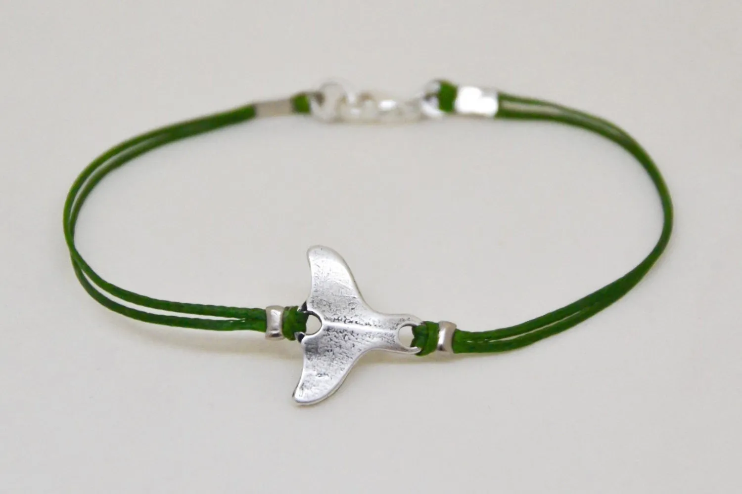 Silver whale tail charm bracelet, green cord, stocking stuffer