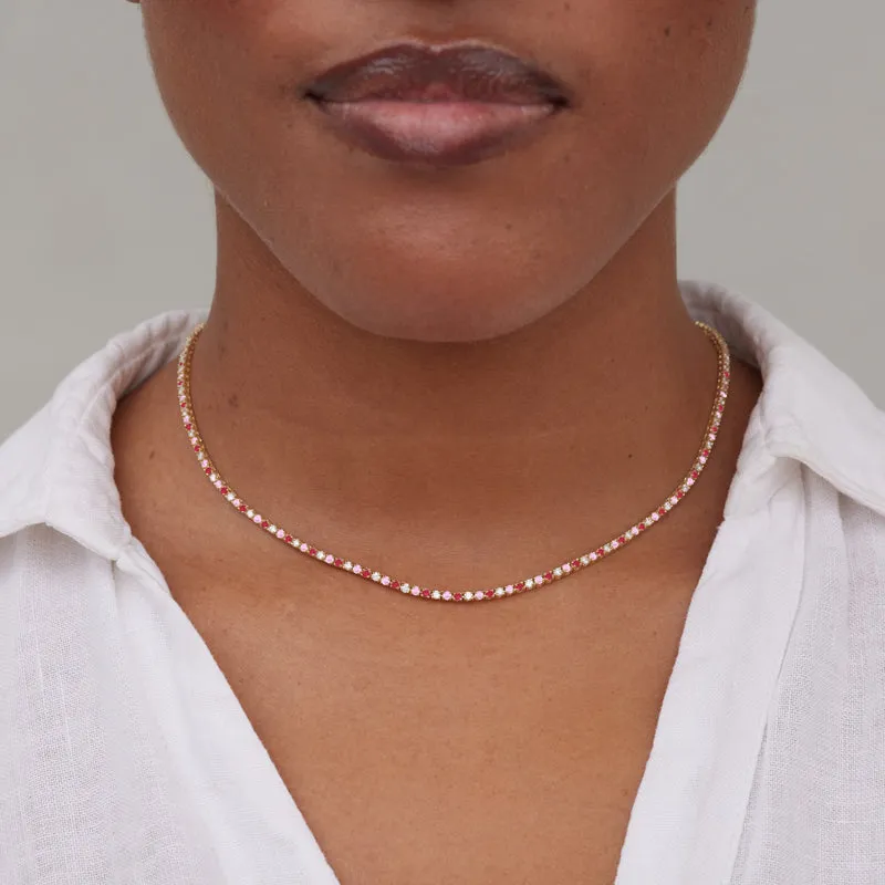 Small 4-Prong Diamond, Pink Sapphire, and Ruby Tennis Necklace
