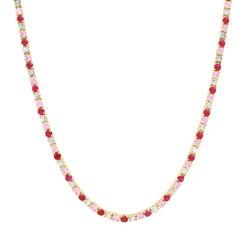 Small 4-Prong Diamond, Pink Sapphire, and Ruby Tennis Necklace