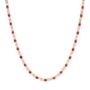 Small 4-Prong Diamond, Pink Sapphire, and Ruby Tennis Necklace