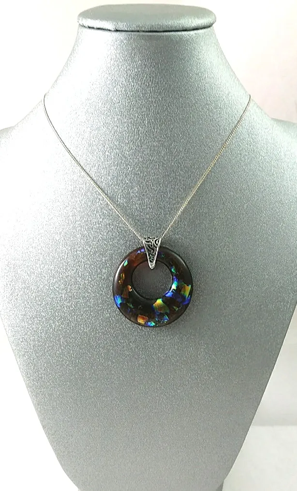 Sterling Silver Deep Amber and Rainbow Dichroic Handmade Art Glass Hoop Jewelry Pendant, Fall, Mother's Day Fall Gift