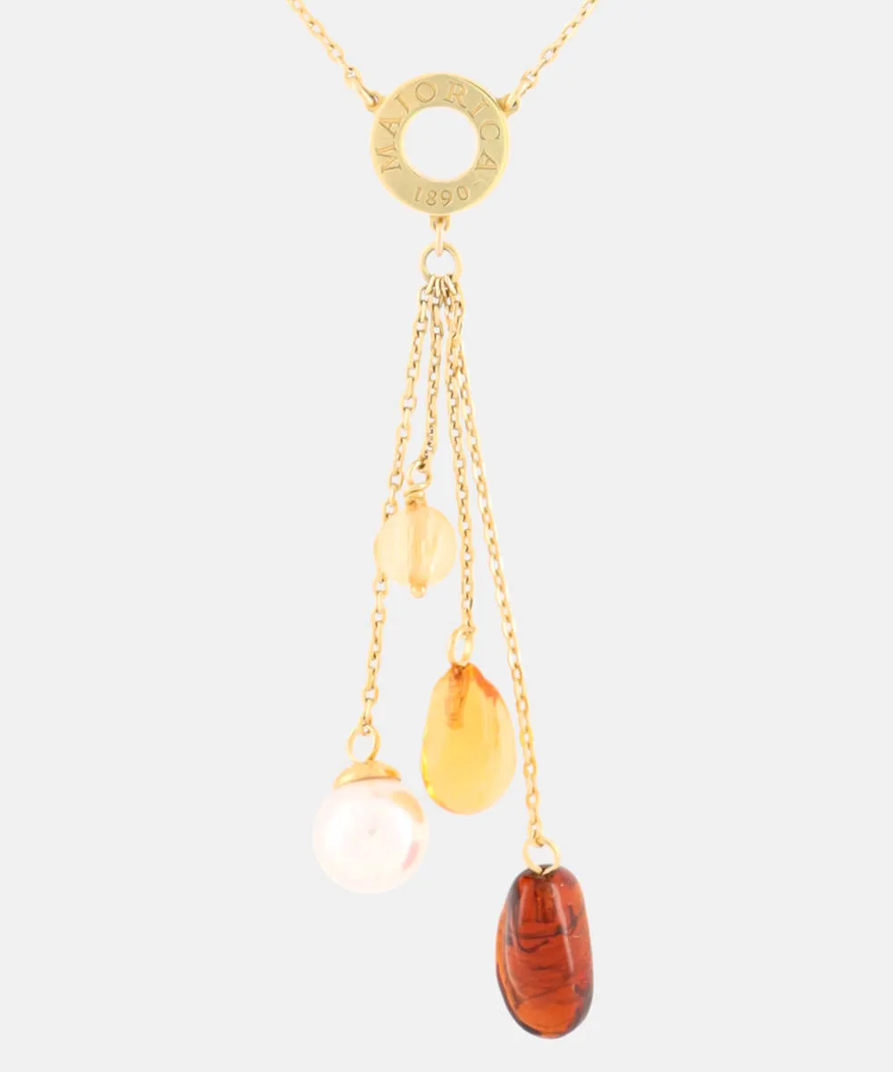 Sterling Silver Gold Plated Necklace for Women with 8mm Round White Pearl and Amber Murano Crystals, 17"/19" Necklace Length, Algaida Collection
