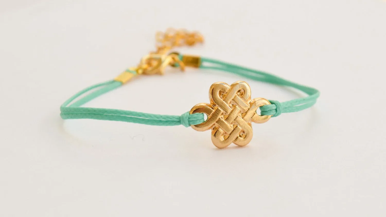 Turquoise cord bracelet with gold endless knot charm