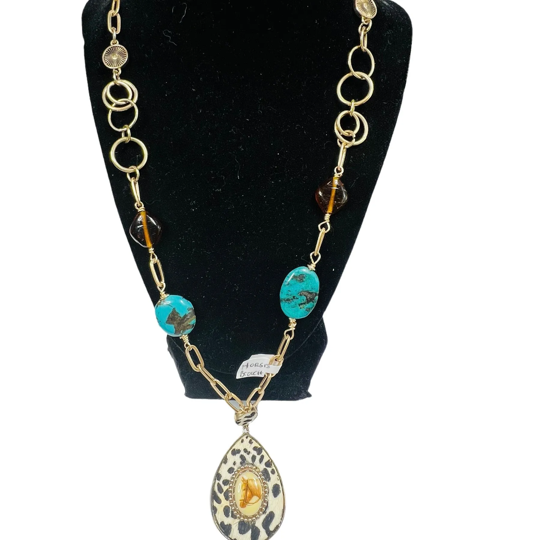 Upcycled Vintage Horse Brooch and Hyde Pendant with Reworked Necklace