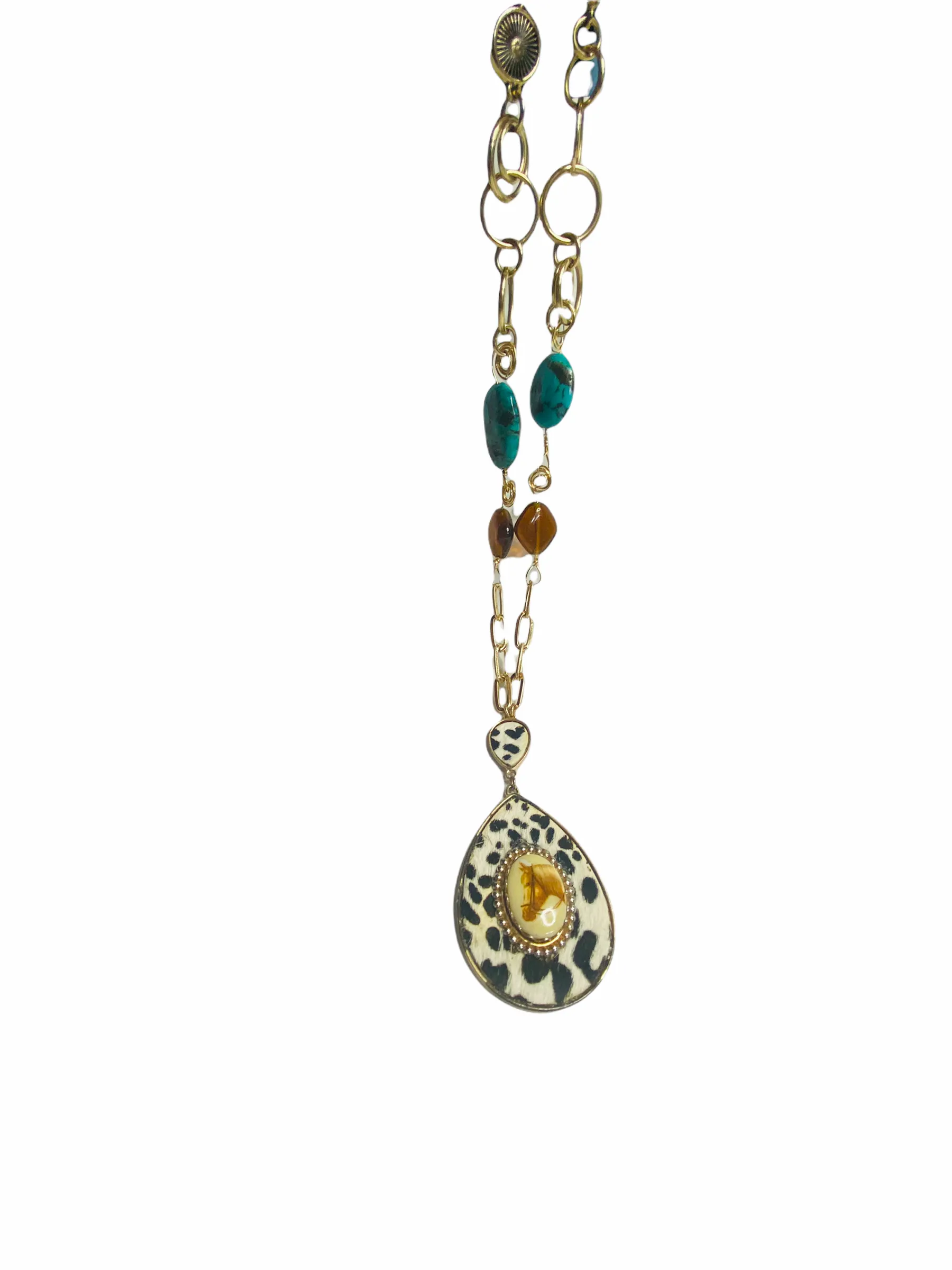 Upcycled Vintage Horse Brooch and Hyde Pendant with Reworked Necklace