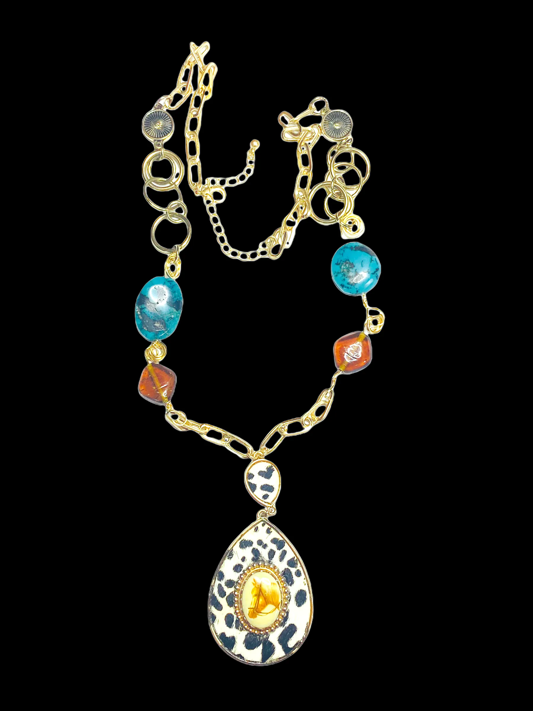 Upcycled Vintage Horse Brooch and Hyde Pendant with Reworked Necklace
