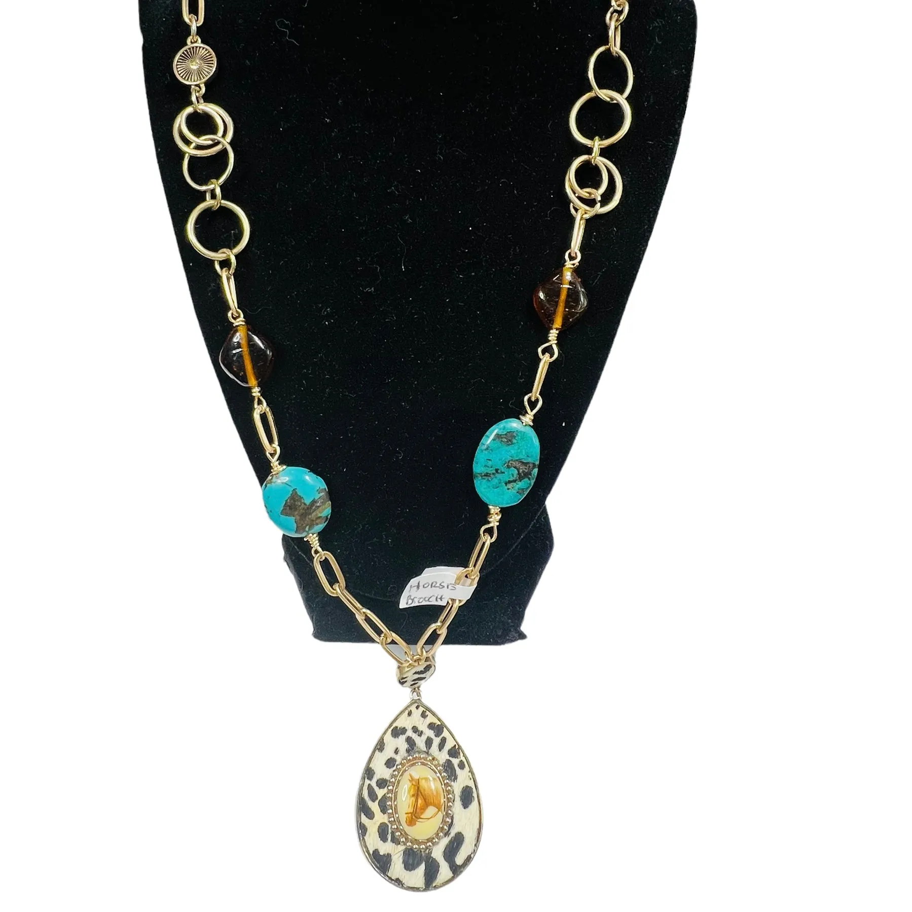 Upcycled Vintage Horse Brooch and Hyde Pendant with Reworked Necklace