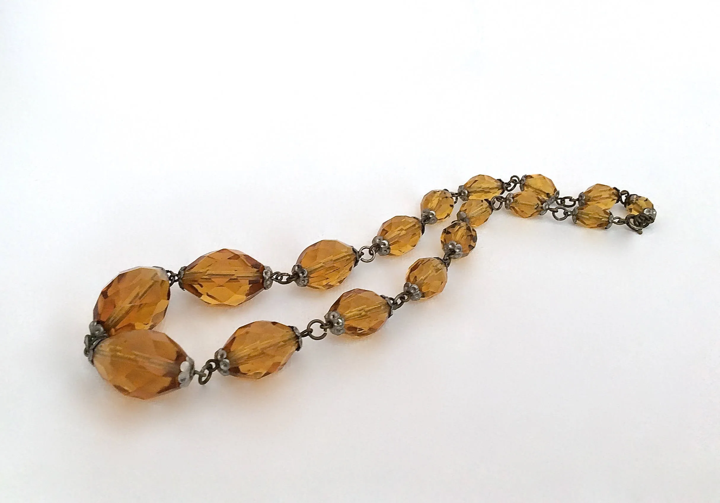 Vintage 30s Necklace | 1930s Czechoslovakian Amber Glass Faceted Beads | Czech Crystal & Brass | 20s 1920's Cocktail Jewelry Art Deco Gatsby