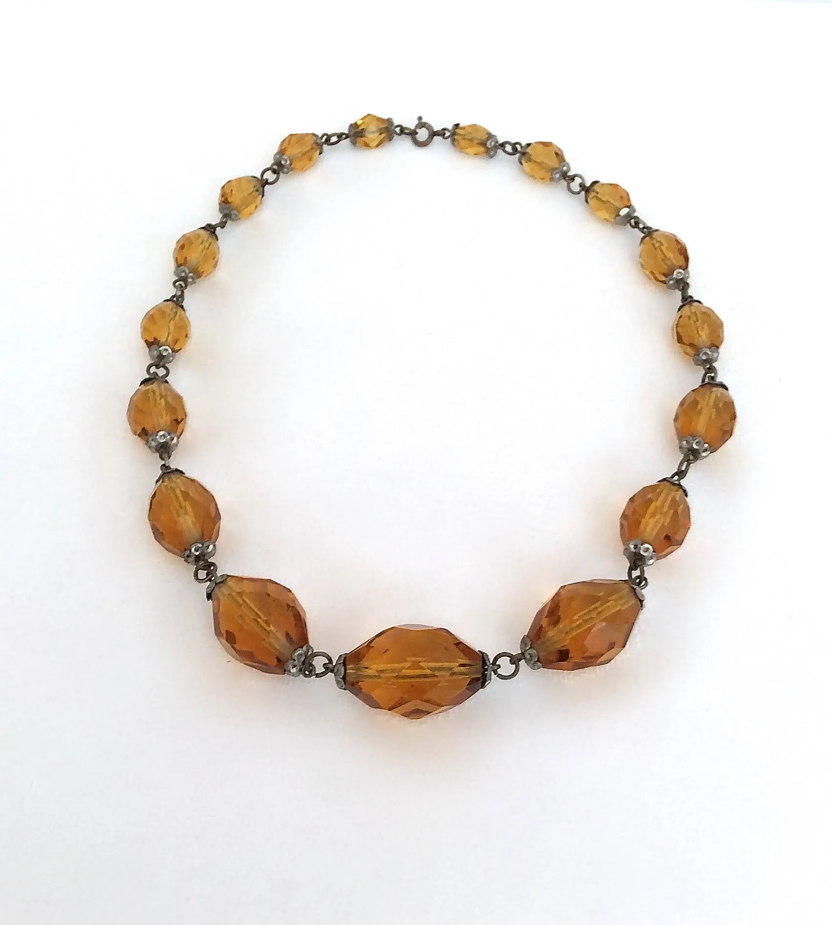 Vintage 30s Necklace | 1930s Czechoslovakian Amber Glass Faceted Beads | Czech Crystal & Brass | 20s 1920's Cocktail Jewelry Art Deco Gatsby