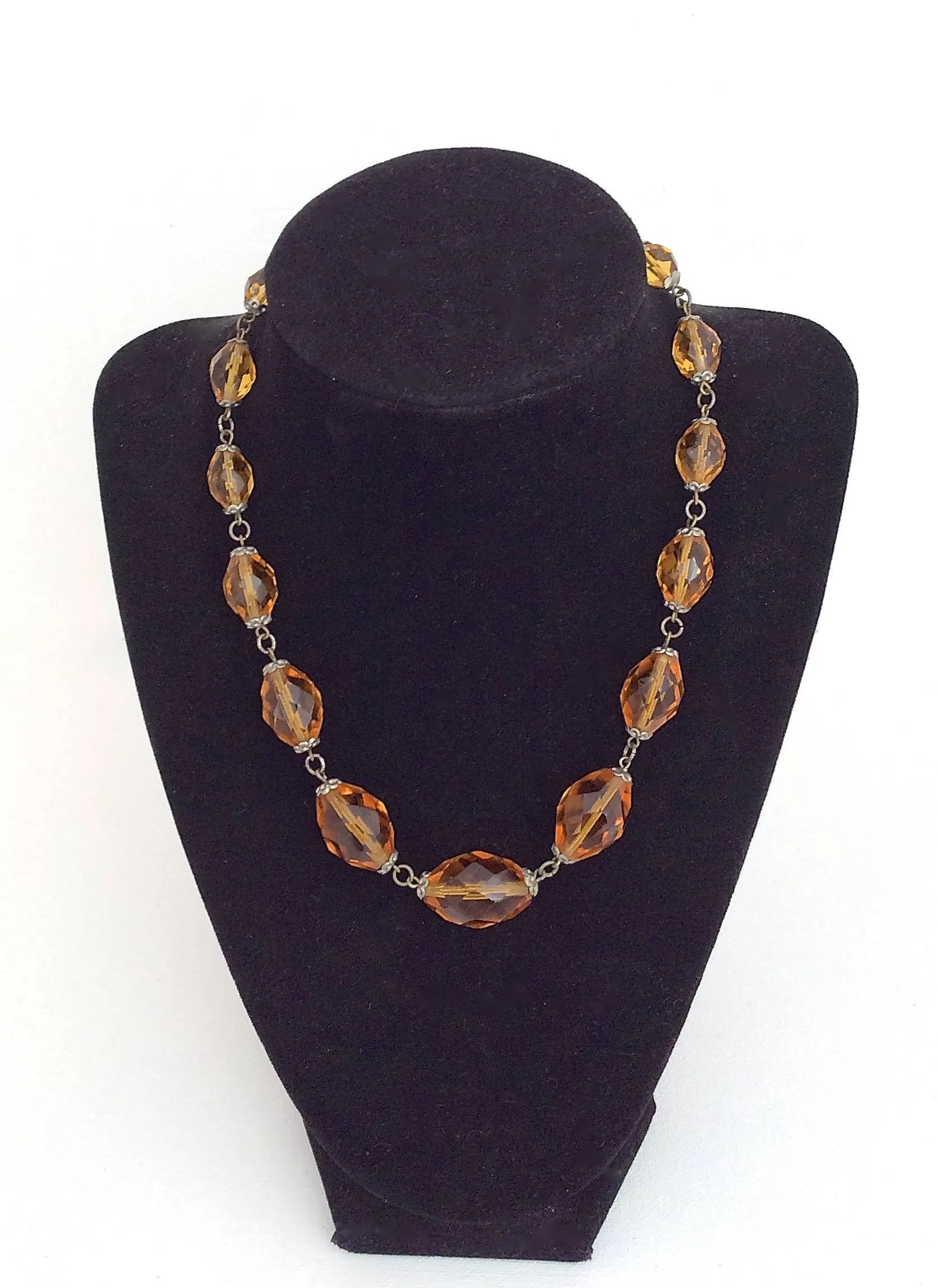 Vintage 30s Necklace | 1930s Czechoslovakian Amber Glass Faceted Beads | Czech Crystal & Brass | 20s 1920's Cocktail Jewelry Art Deco Gatsby