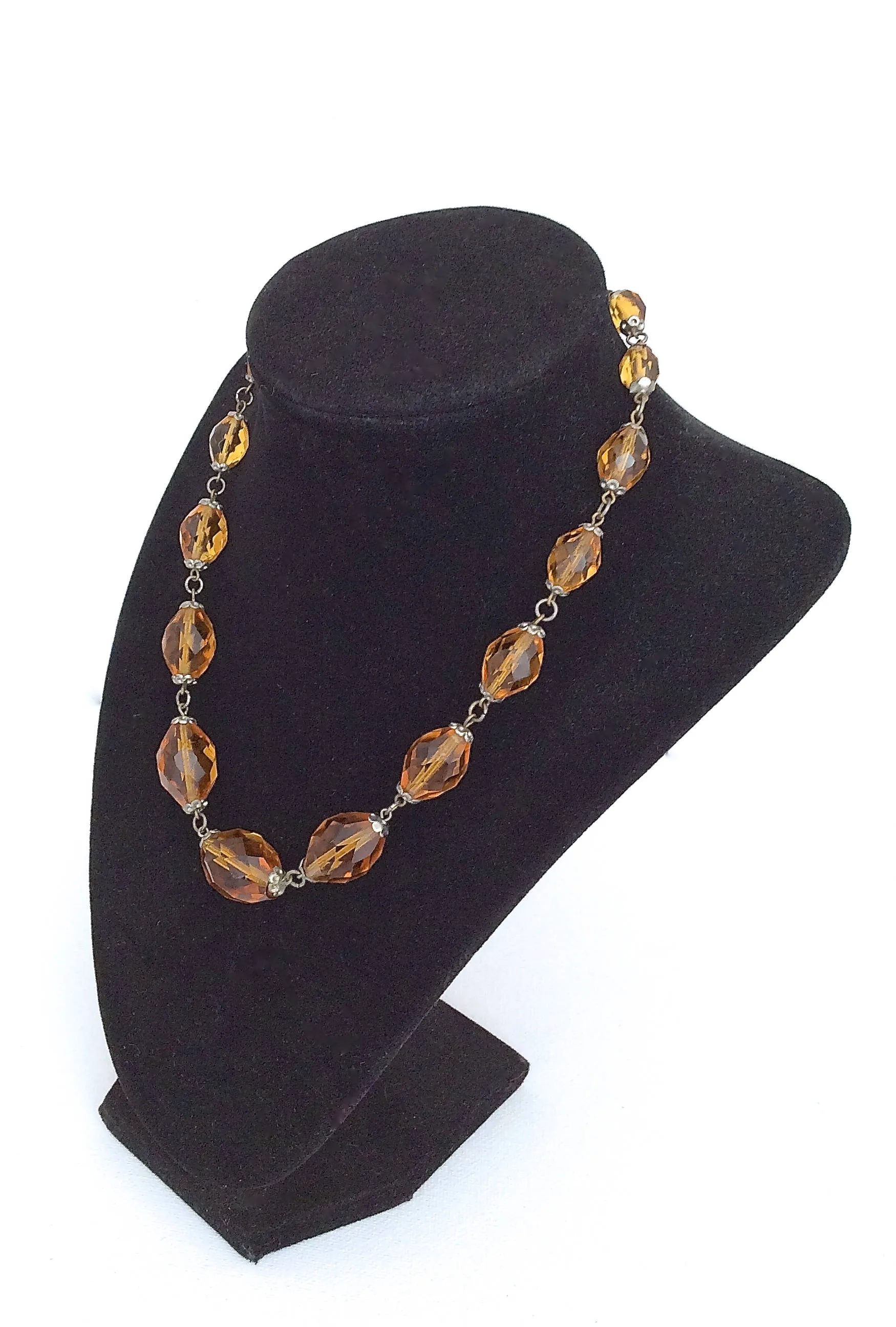 Vintage 30s Necklace | 1930s Czechoslovakian Amber Glass Faceted Beads | Czech Crystal & Brass | 20s 1920's Cocktail Jewelry Art Deco Gatsby