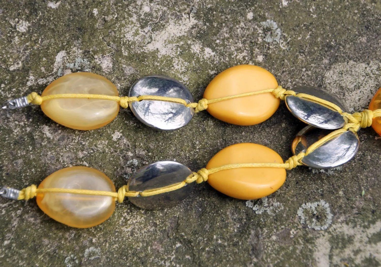 Vintage Amber Necklace with Teardrop Pendant and Yellow and Silver Beads. Boho Chic Jewelry. Hippie Accessory