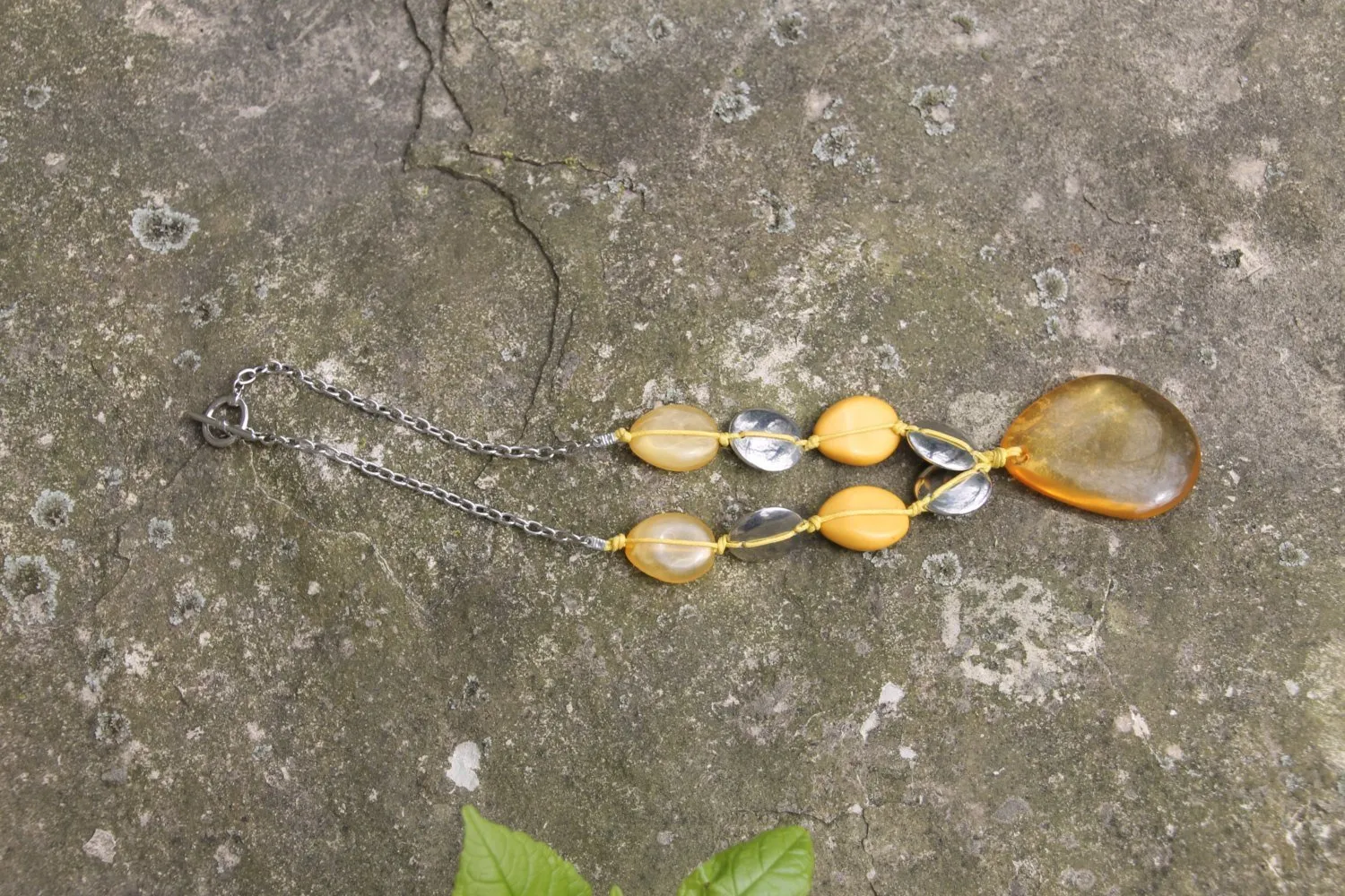 Vintage Amber Necklace with Teardrop Pendant and Yellow and Silver Beads. Boho Chic Jewelry. Hippie Accessory