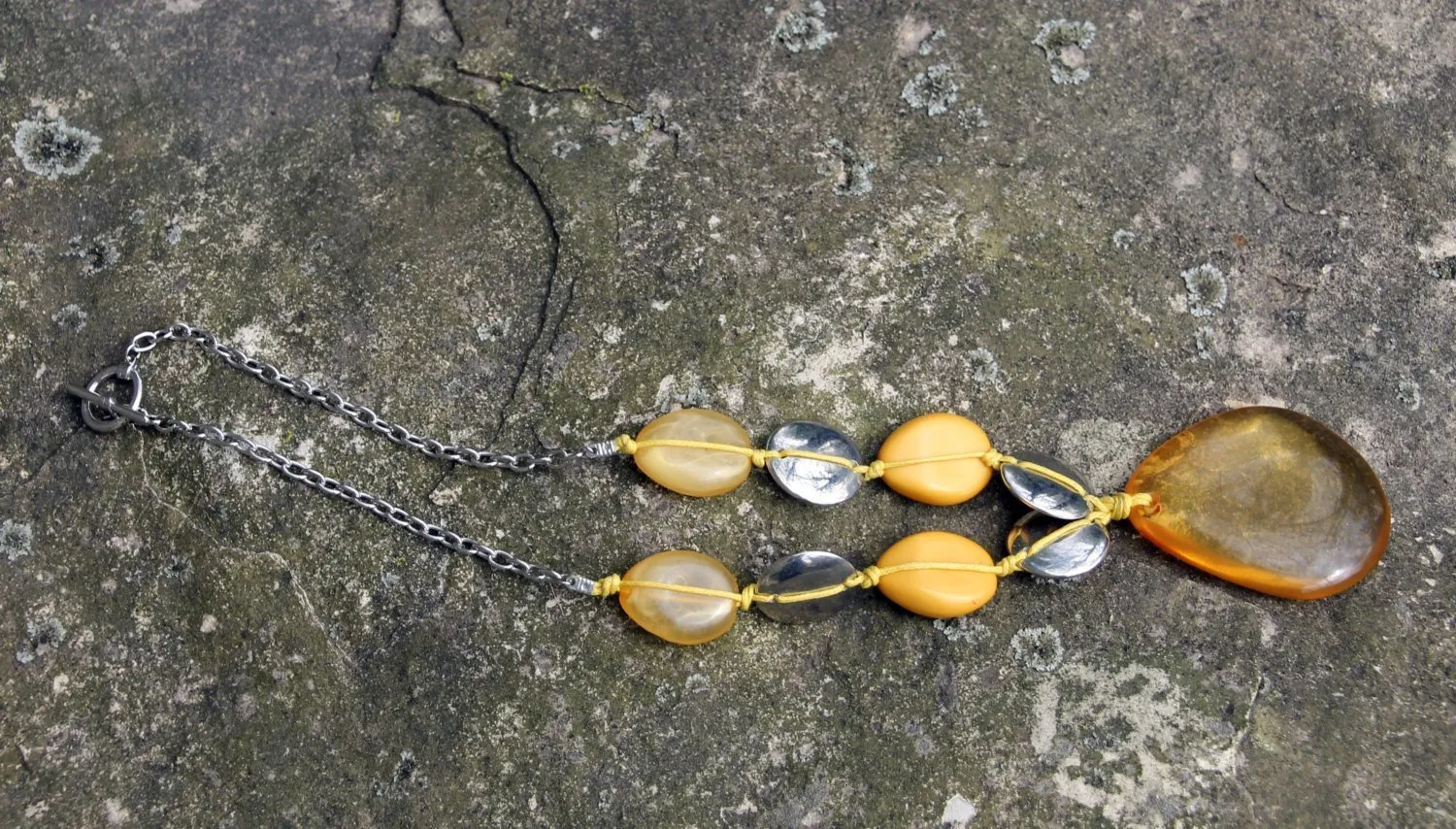 Vintage Amber Necklace with Teardrop Pendant and Yellow and Silver Beads. Boho Chic Jewelry. Hippie Accessory
