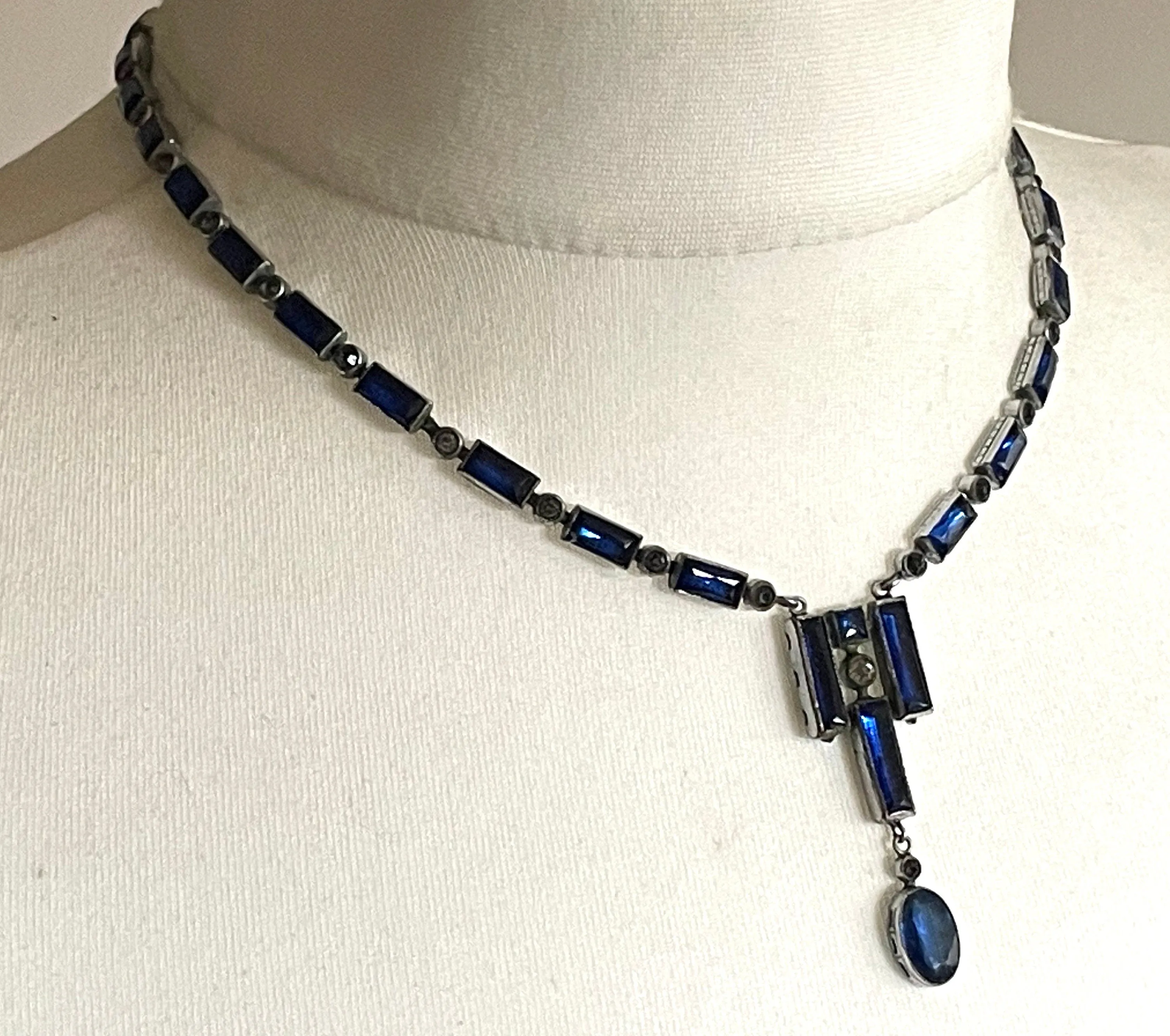 Vintage / antique Bristol blue and clear paste collet set crystal, silver plated riviere lariat necklace with baguette stones