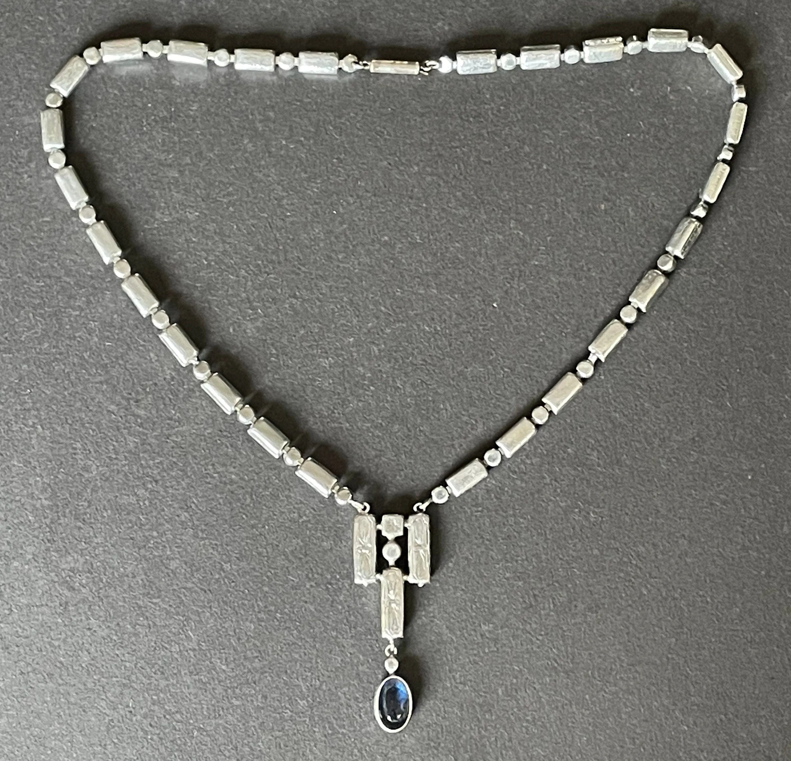 Vintage / antique Bristol blue and clear paste collet set crystal, silver plated riviere lariat necklace with baguette stones