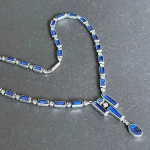 Vintage / antique Bristol blue and clear paste collet set crystal, silver plated riviere lariat necklace with baguette stones