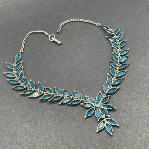 Vintage / antique sapphire blue marquise cut glass rhinestone and silver plated floral choker necklace, unsigned