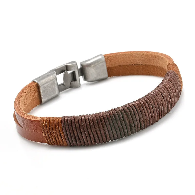 Vintage Trend Titanium Black Leather Hemp Rope Bracelet